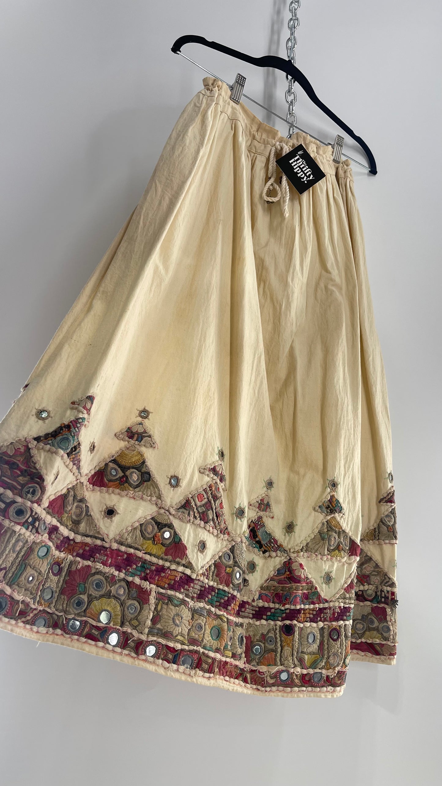 Vintage Imported Hand Stitched Skirt with Embroidered, Patchwork and Mirror Details (S/M Drawstring Waist)