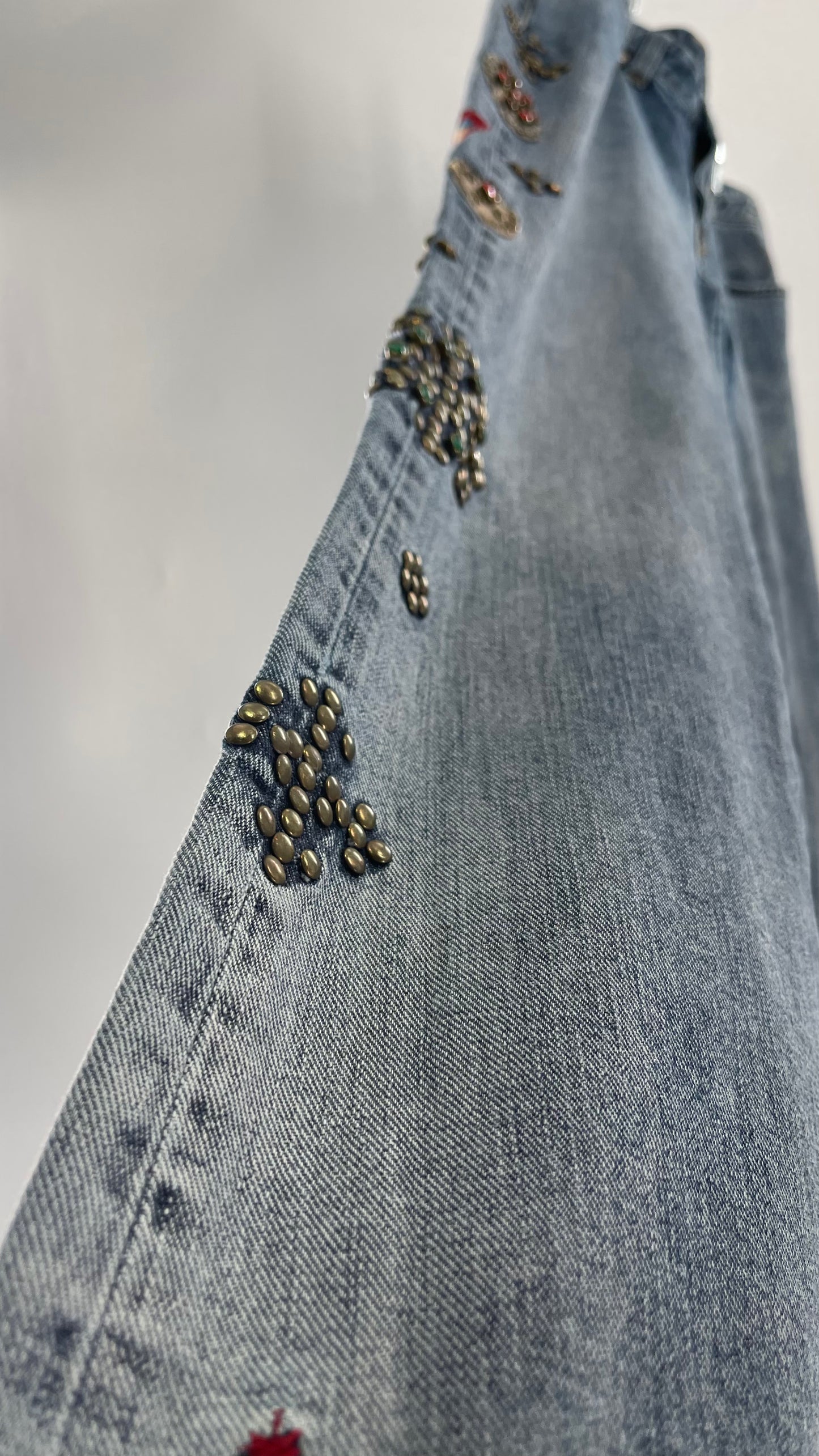 Western Denim Bank Light Wash Straight Legs with Gold/Bronze Metal Studs and Jewels (29)