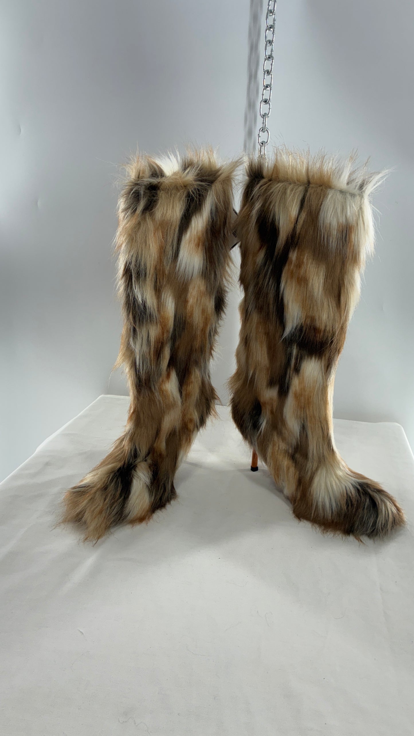 Vintage Mixed Tone Vegan Fur, Knee High, Pointed Toe Boots (43)