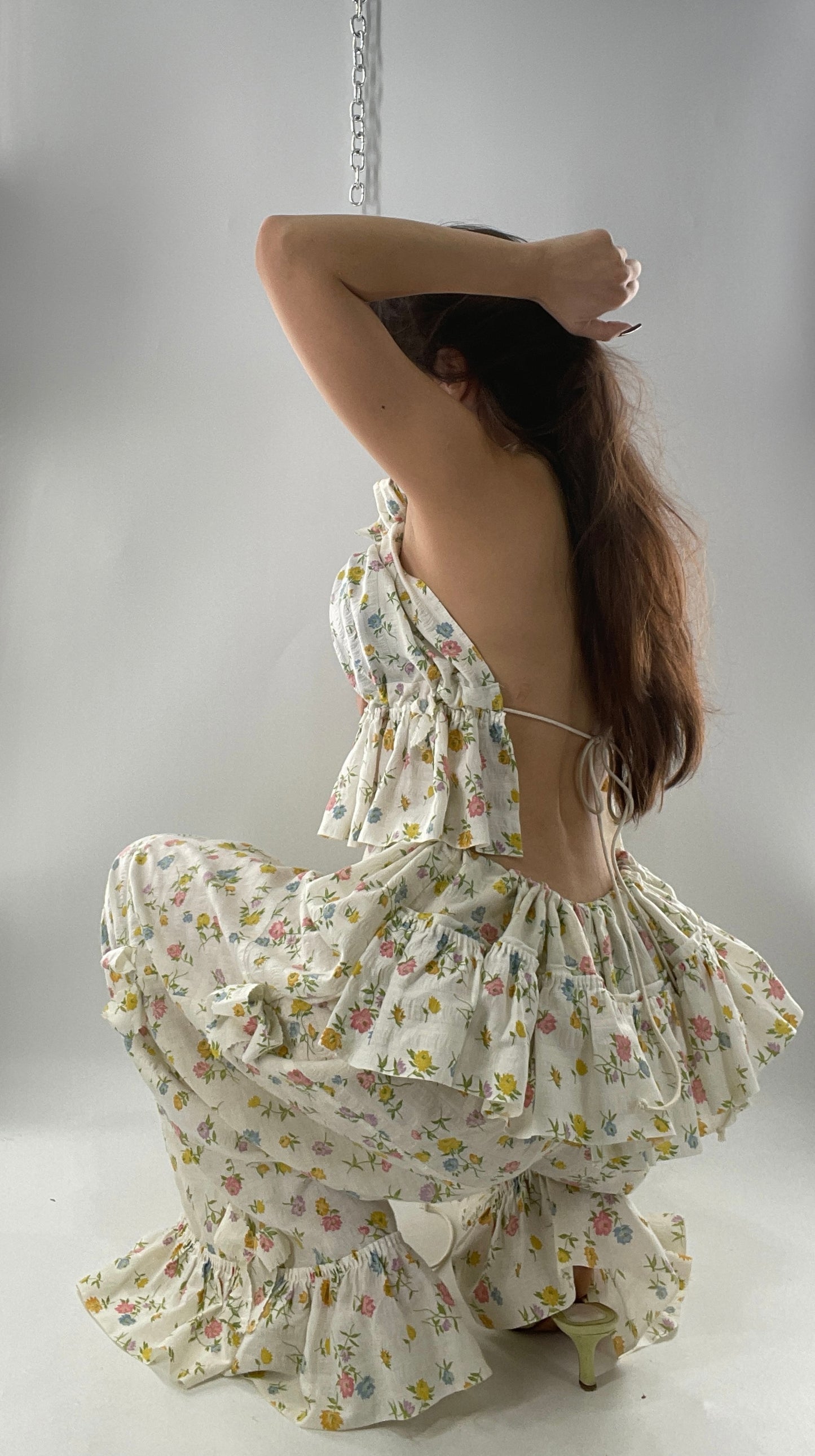 Vintage 2 Piece Floral Babydoll Set with Adjustable Top and Adjustable Pants Featuring Bow Sides and Ruffles Bum (One Size)