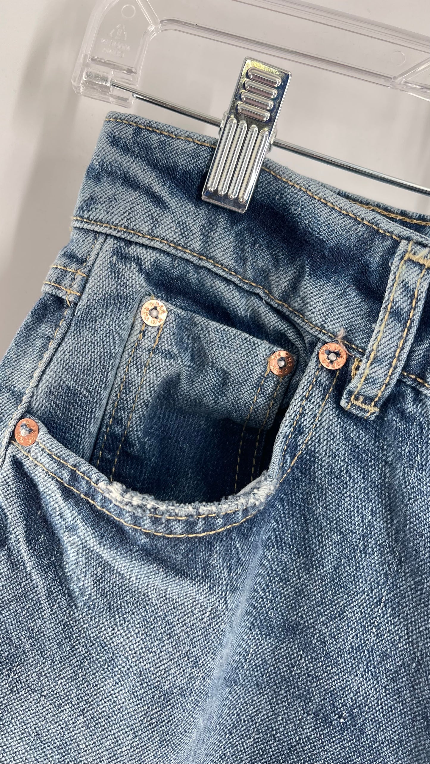 Free People Light Wash Straight Leg Jeans with Distressed Hem, Double Pockets and White Paint with Tags Attached (25)