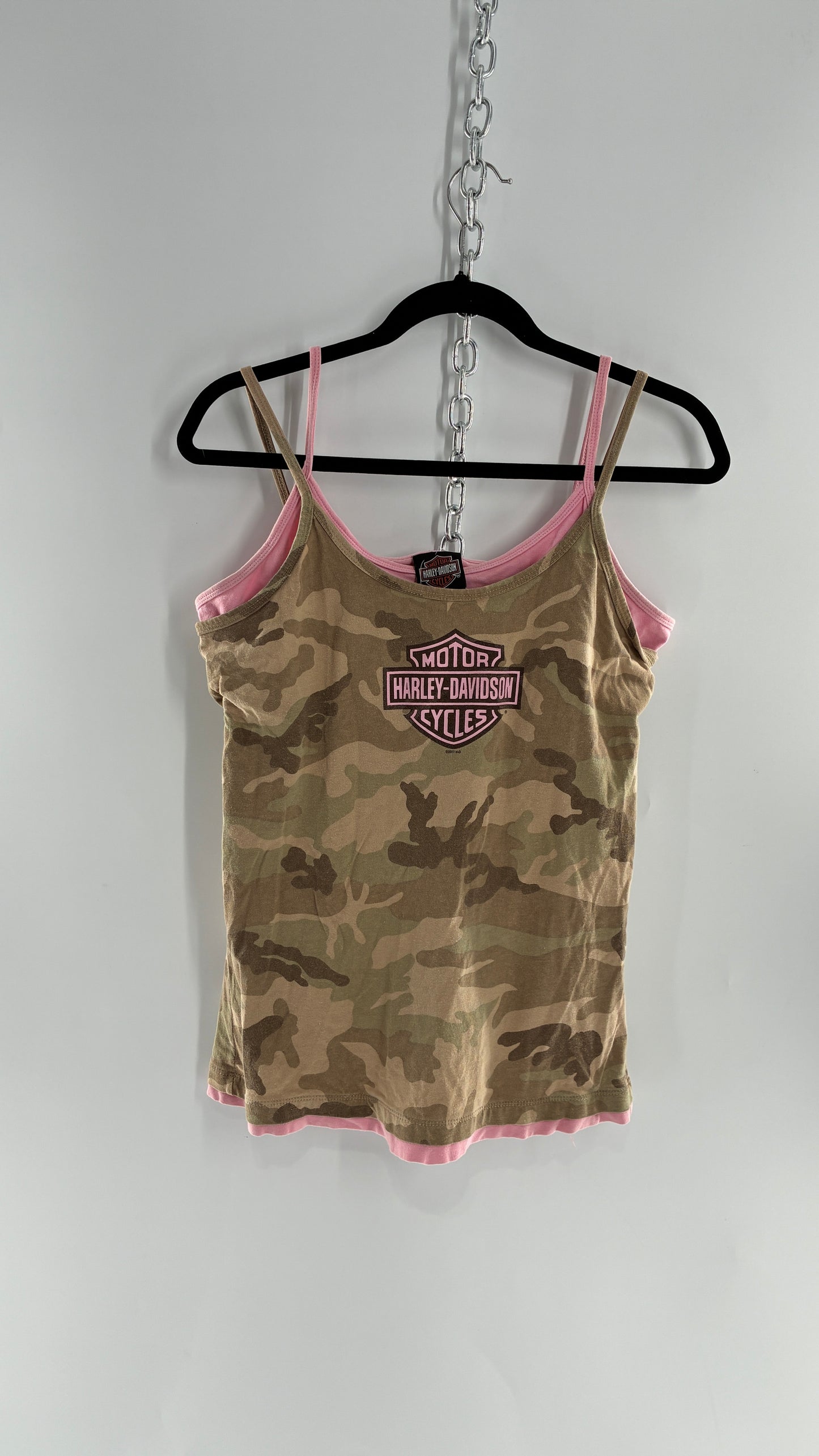 Vintage Harley Davidson Camo Tank with Built in Pink Sports Bra (Large)