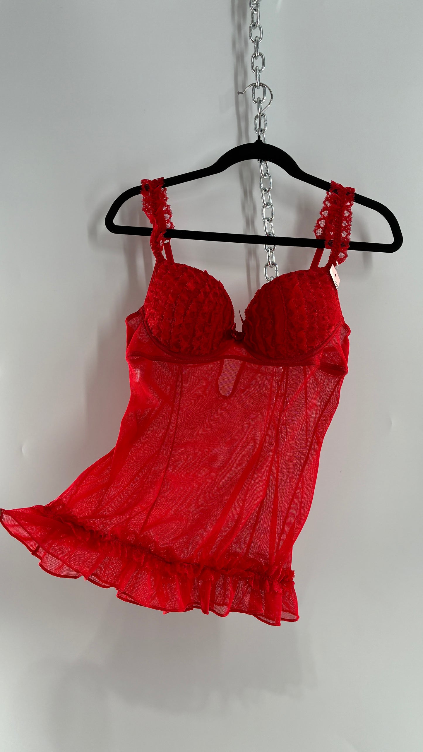 Deadstock Vintage Babydoll Bustier with Ruffled Cups, Lace Straps and Ruffled Lace Hem (34C)