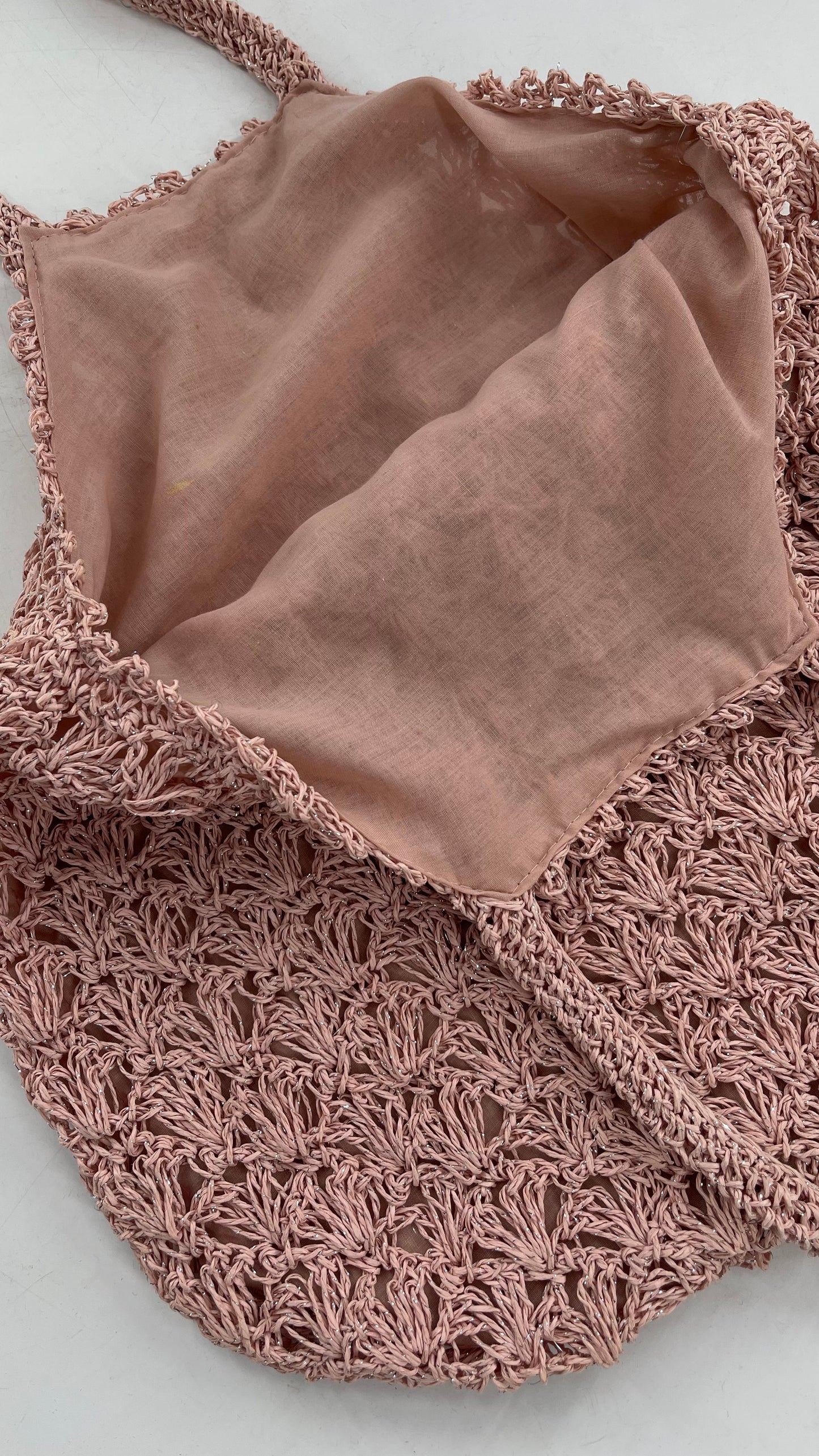Urban Outfitters Baby Pink Straw Tote Bag with Silver Tinsel