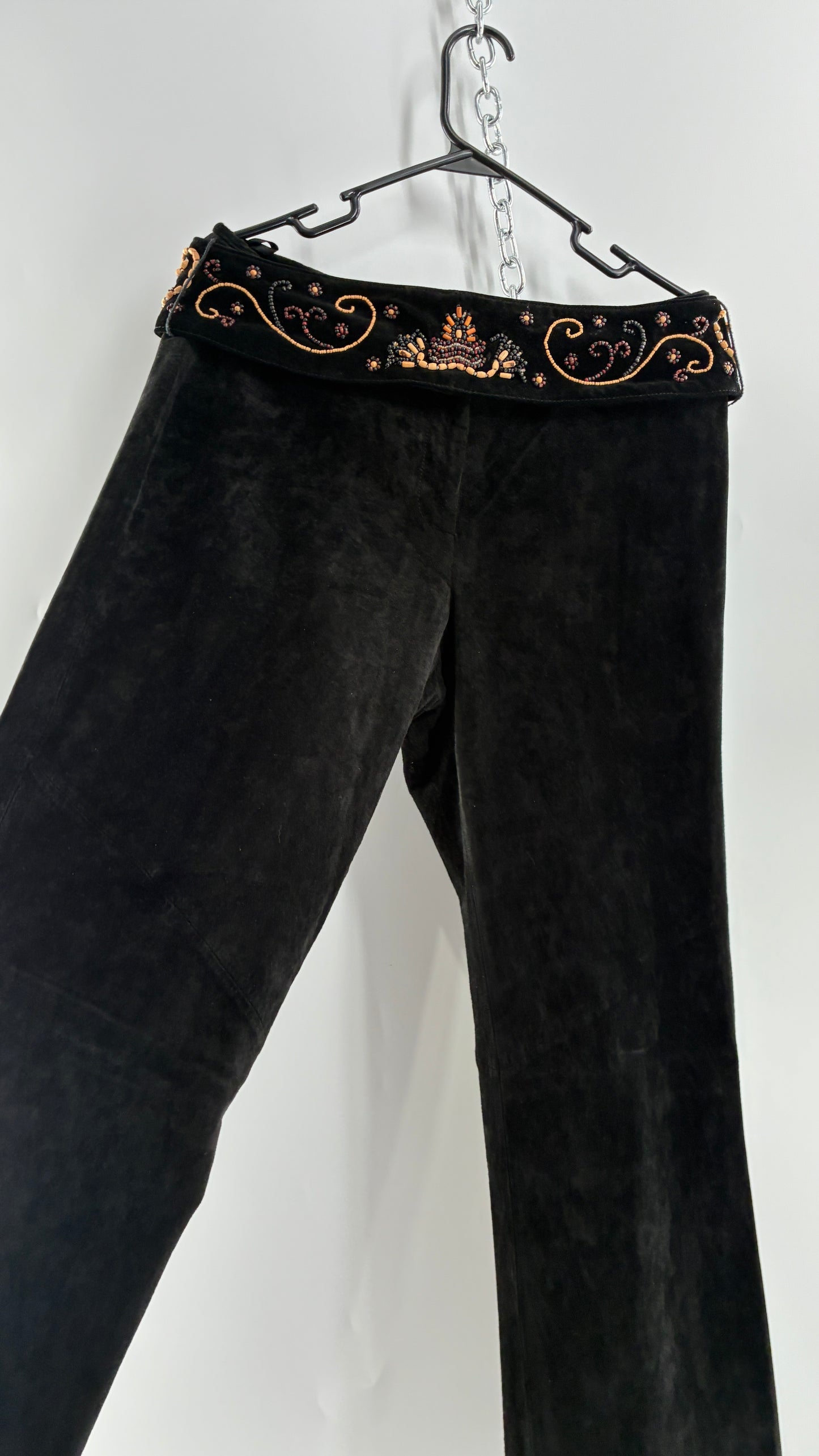 Vintage Margaret Godfrey Black Genuine Suede Leather Kick Flares with Wide Beaded Belt (10)