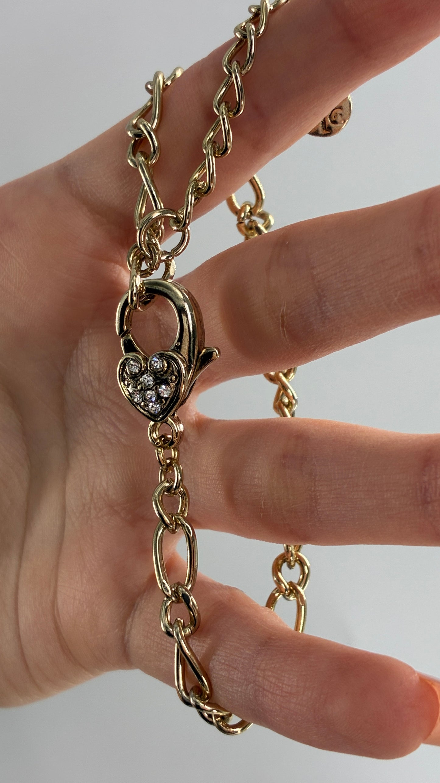 Gold Link Bracelet with Rhinestone Encrusted Heart Clasp