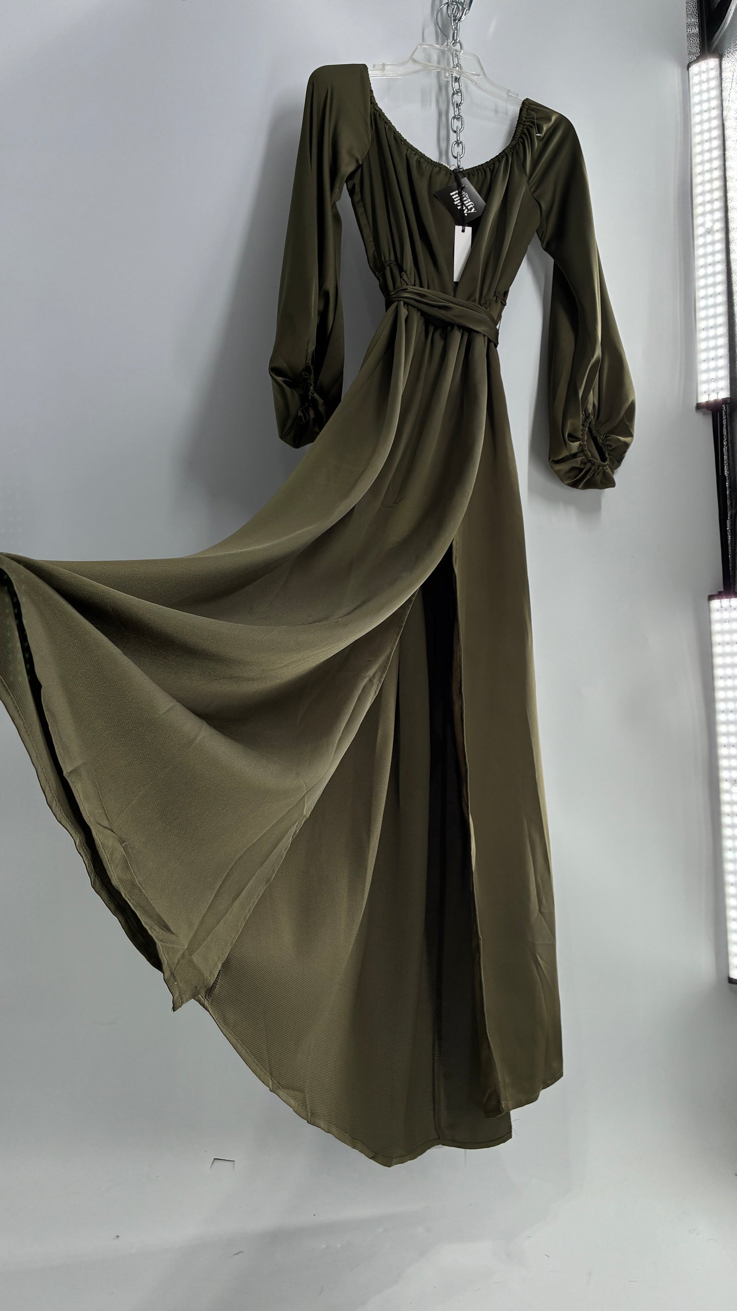Dress Day Army Green Silky Balloon Sleeve Full Length Gown with Slit and Tags Attached (Medium)