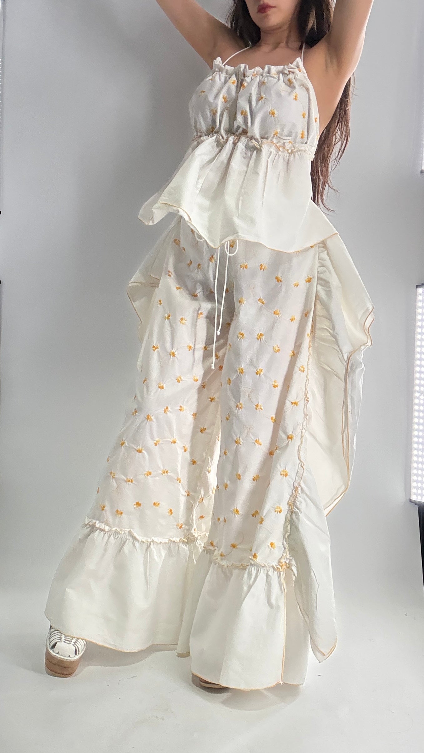 Vintage Handmade Angeline 2pc Set with Ruffled Pant, Embroidered Daisy Pattern, and Bustier Camisole with Adjustable Drawstring Bustline and Waistline (XS-L)