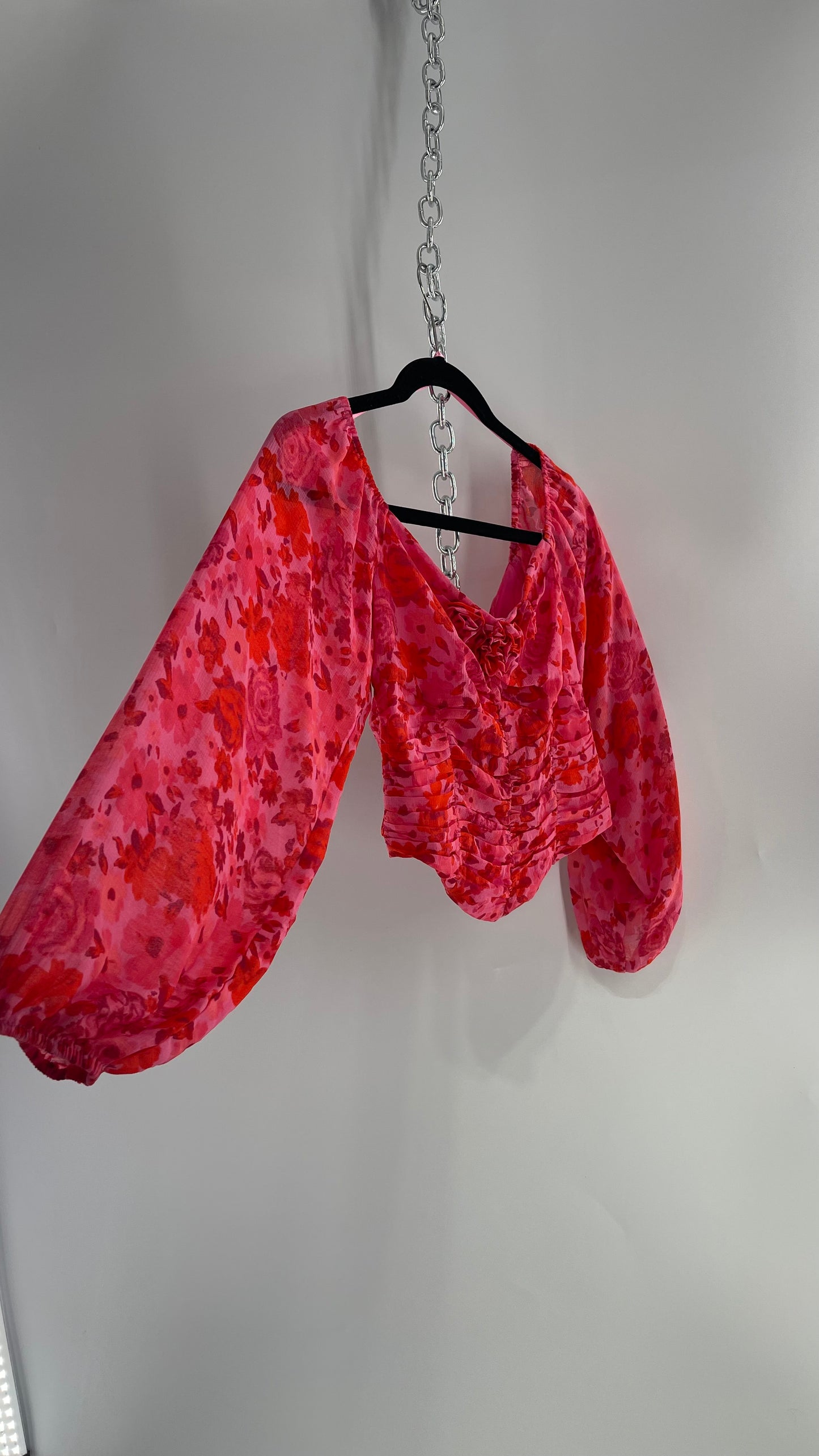 Free People Cropped Floral Blouse with Ruched Body, Balloon Sleeves and Appliqué Rosette Bustline with Tags Attached (Small)