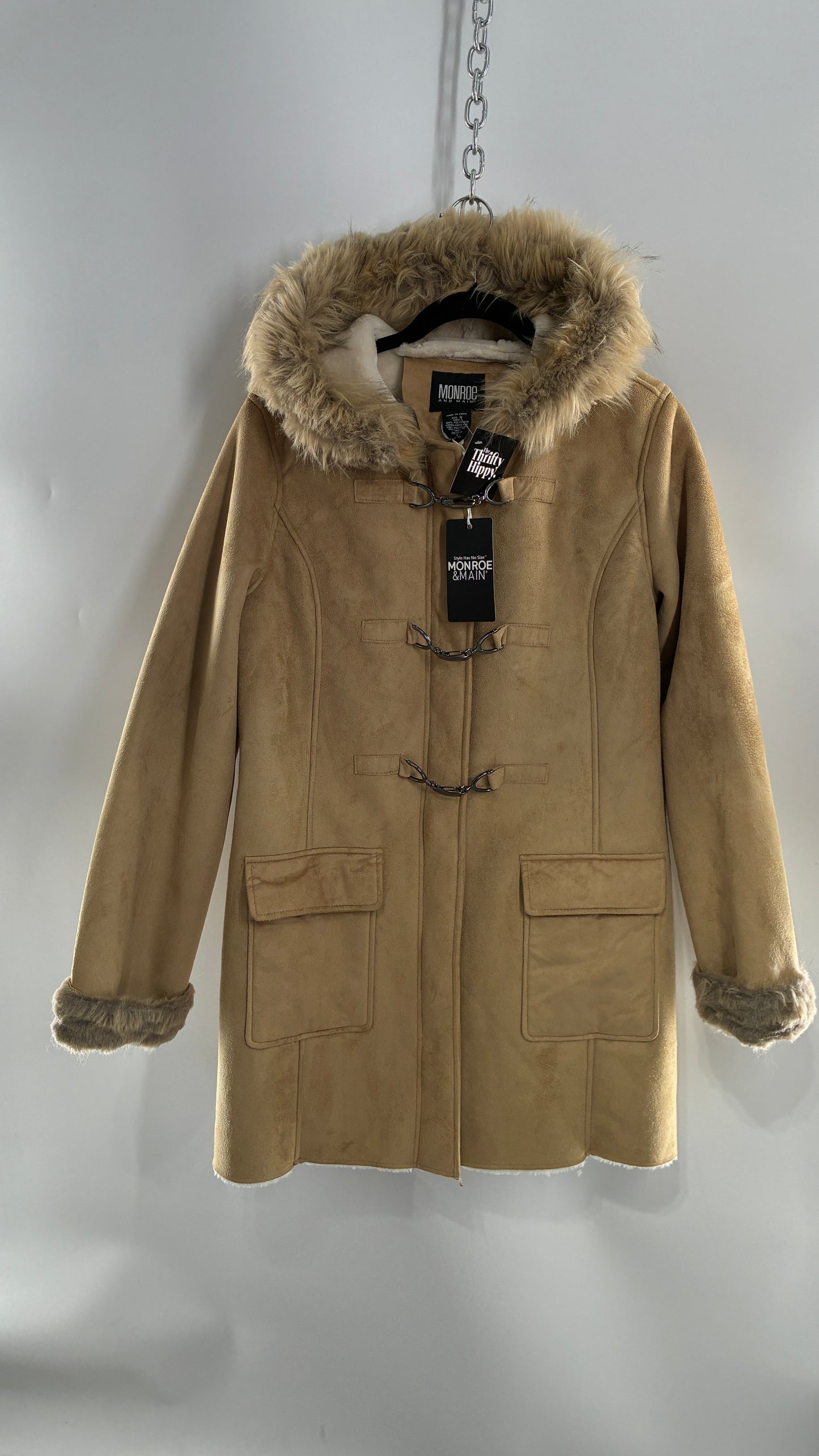 Deadstock Vintage MONROE AND MAIN Vegan Suede Coat with Fur Cuffs and Hood, Tags Attached (Medium)
