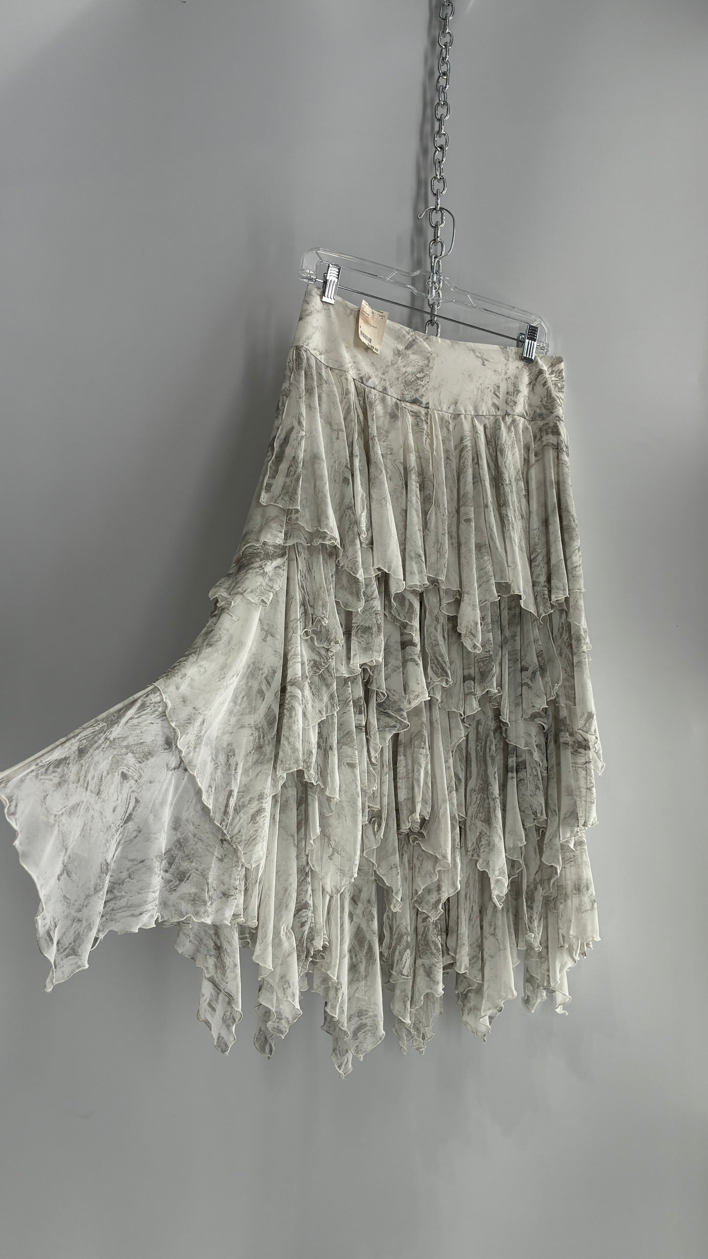 Free People Layered, Tiered Voluminous White and Grey Watercolor Full Skirt with Tags Attached (4)
