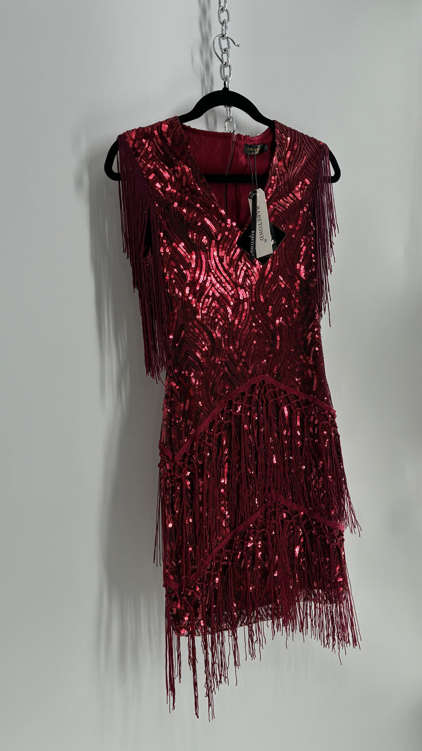 BABEYONO Maroon Sequin Fringe Bodycon Mini Dress (XS)