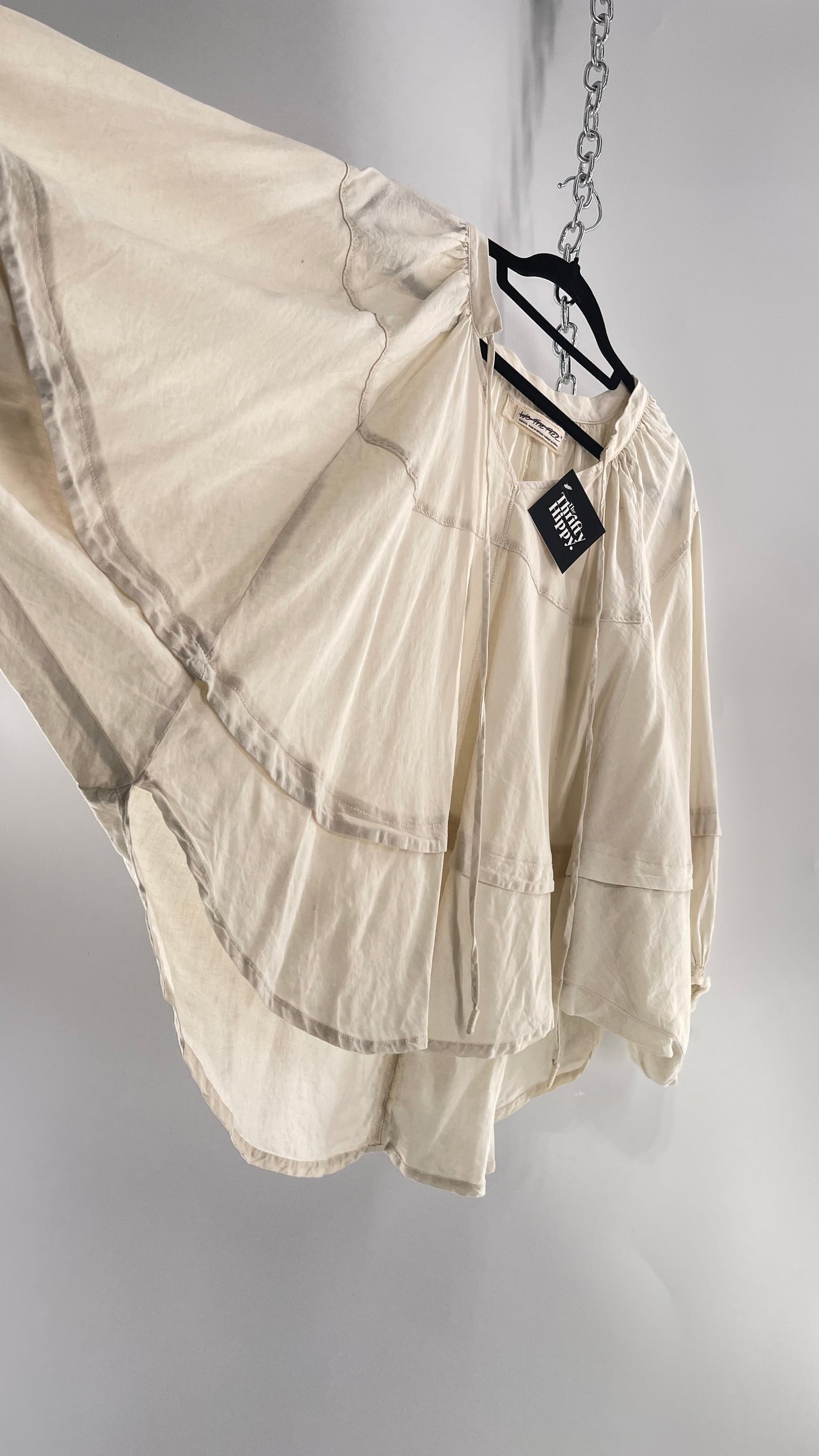 Free People Beige Off White Billow/ Prairie Sleeve Cape Blouse (Small)
