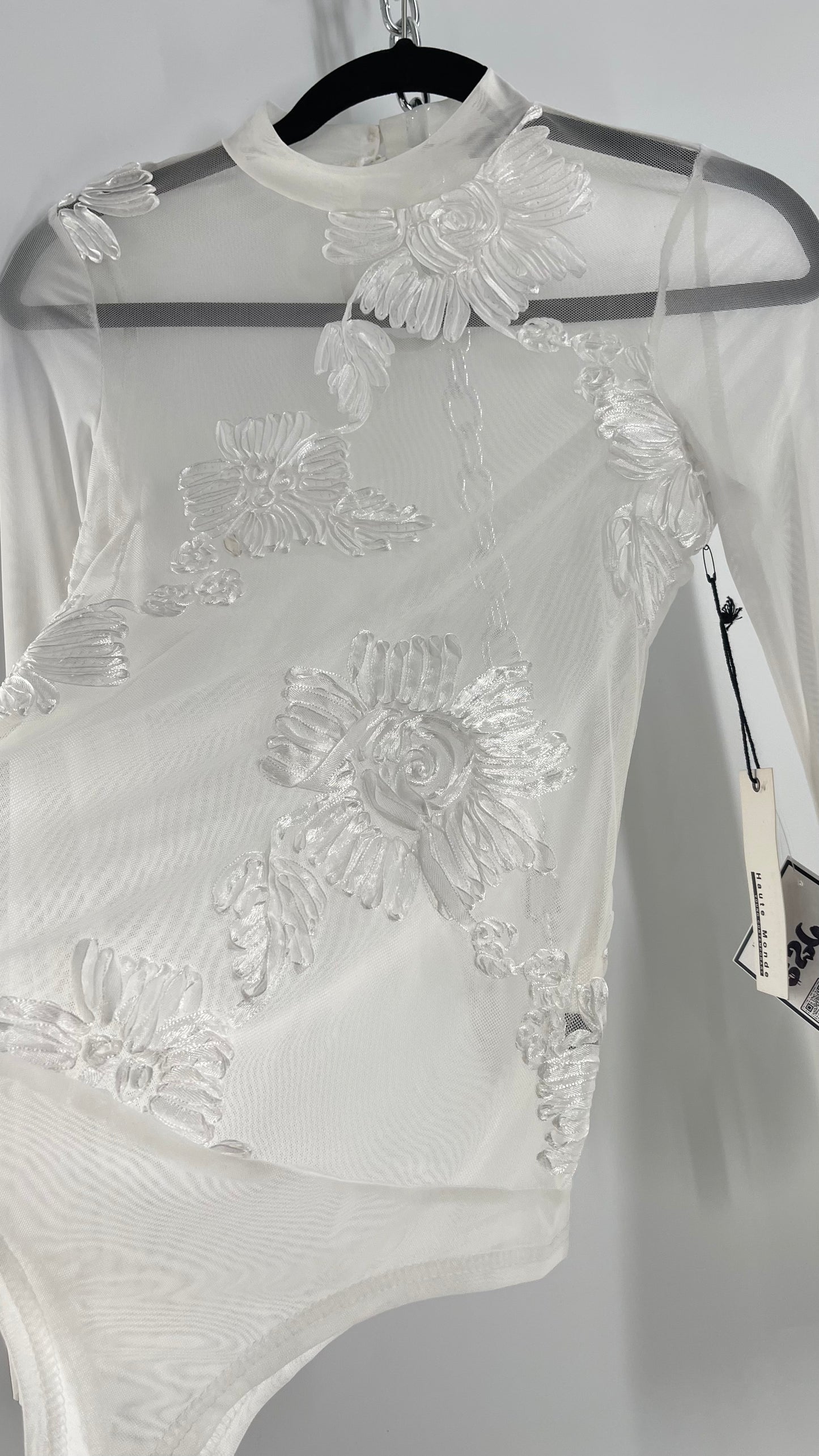 Haute Monde White Mesh Bodysuit with Ribbon Embroidery, Bell Sleeves and Tags (Small)