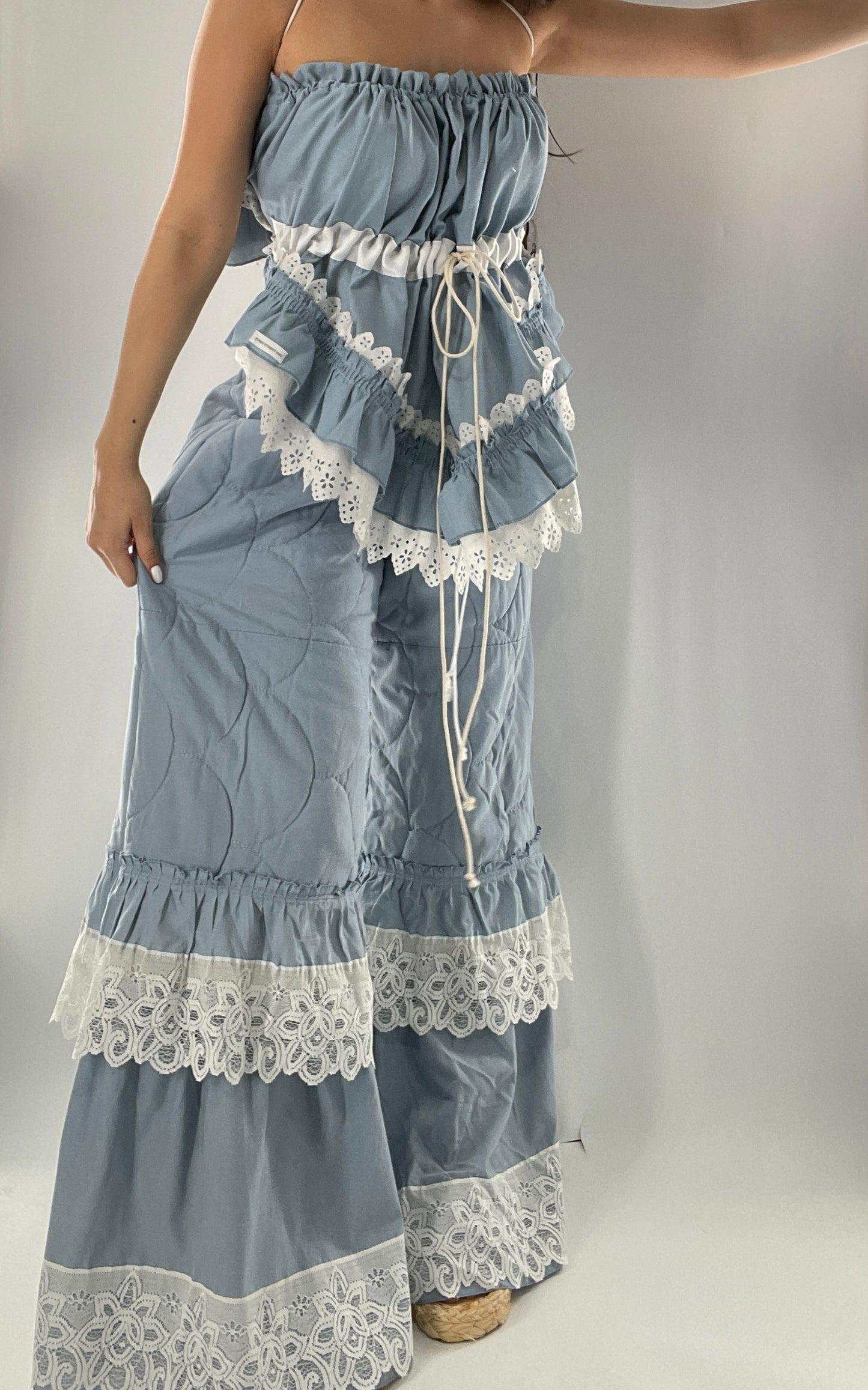 Vintage 2 Piece Powder Blue Set Featuring 2Way Blouse and Quilted Trousers Covered in Ruffles, Lace and Trim (One Size)