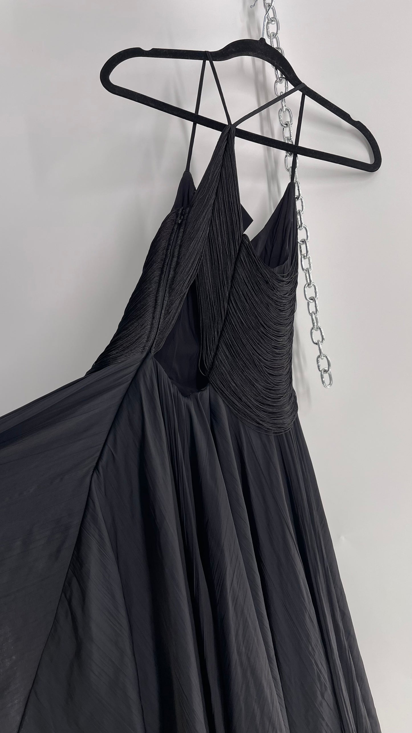 Anthropologie Black Handkerchief Hem Midi Dress with Heavy Draped Rope Bodice (4)