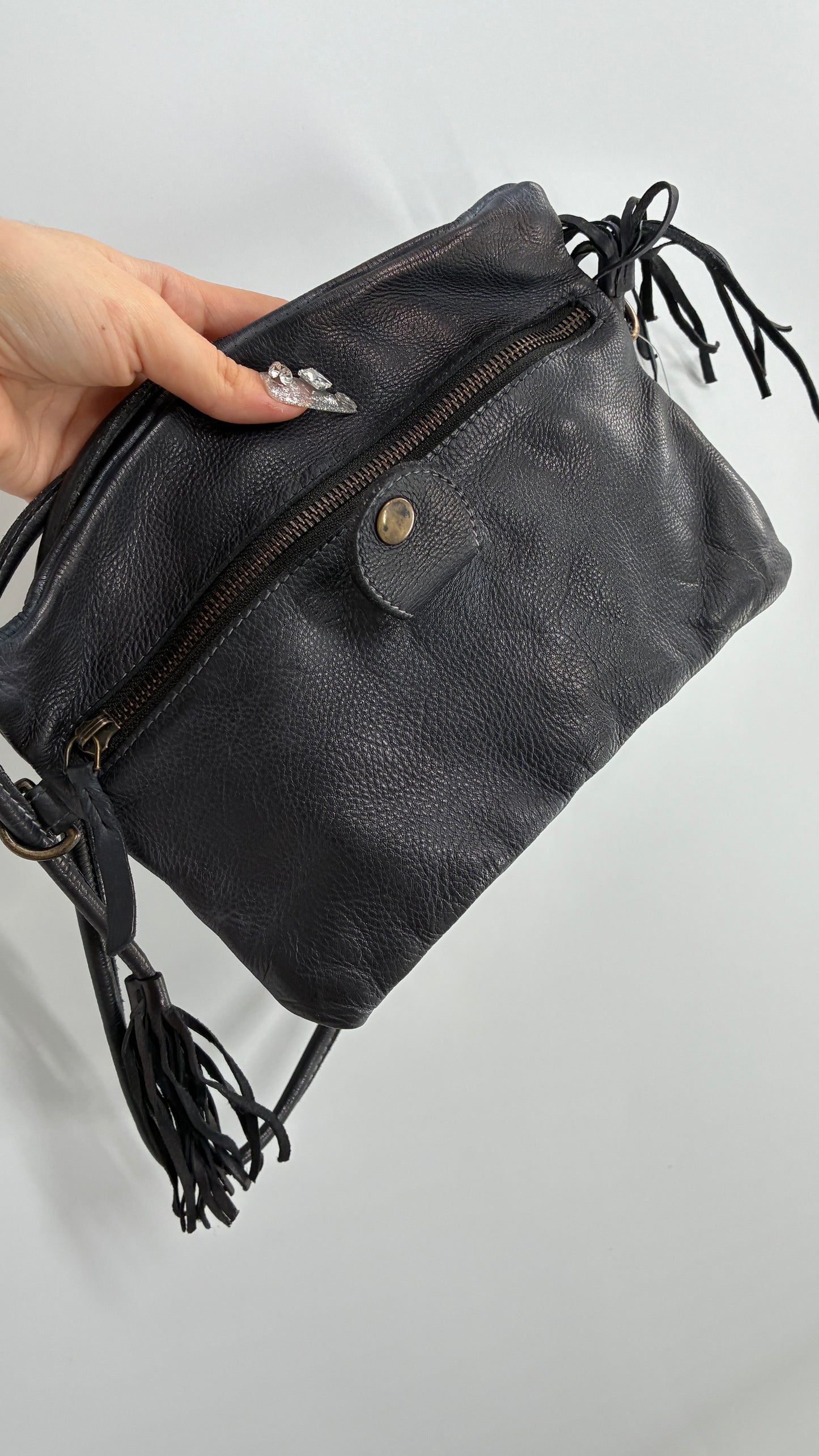 Free People Black Leather Cross Body Fringe Tassel Pouch Pocket Purse