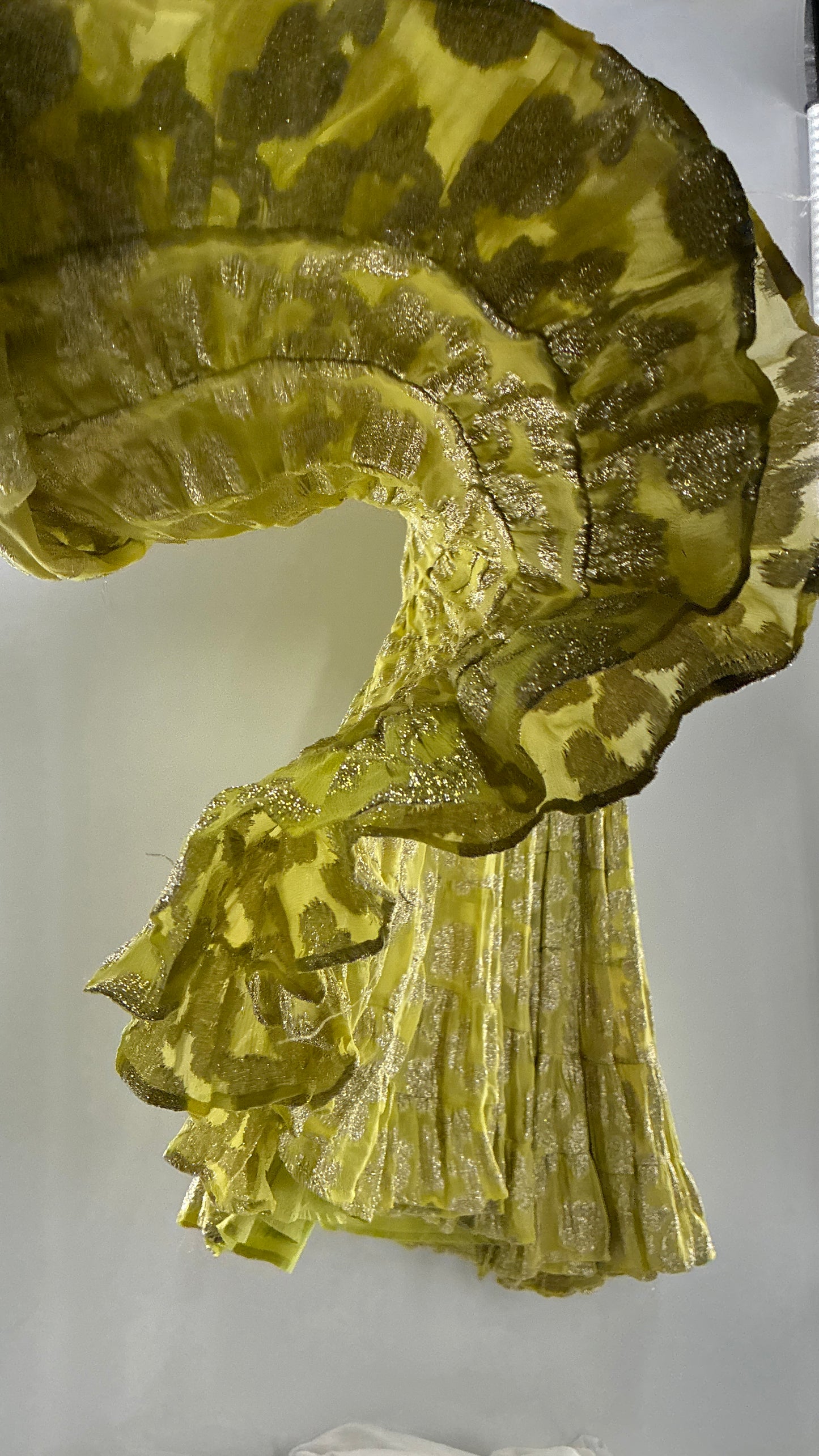 LET ME BE Lime Yellow/Green Ultra Voluminous Tiered Dress with Gold Metallic Jacquard Appliqué Pattern (XL)