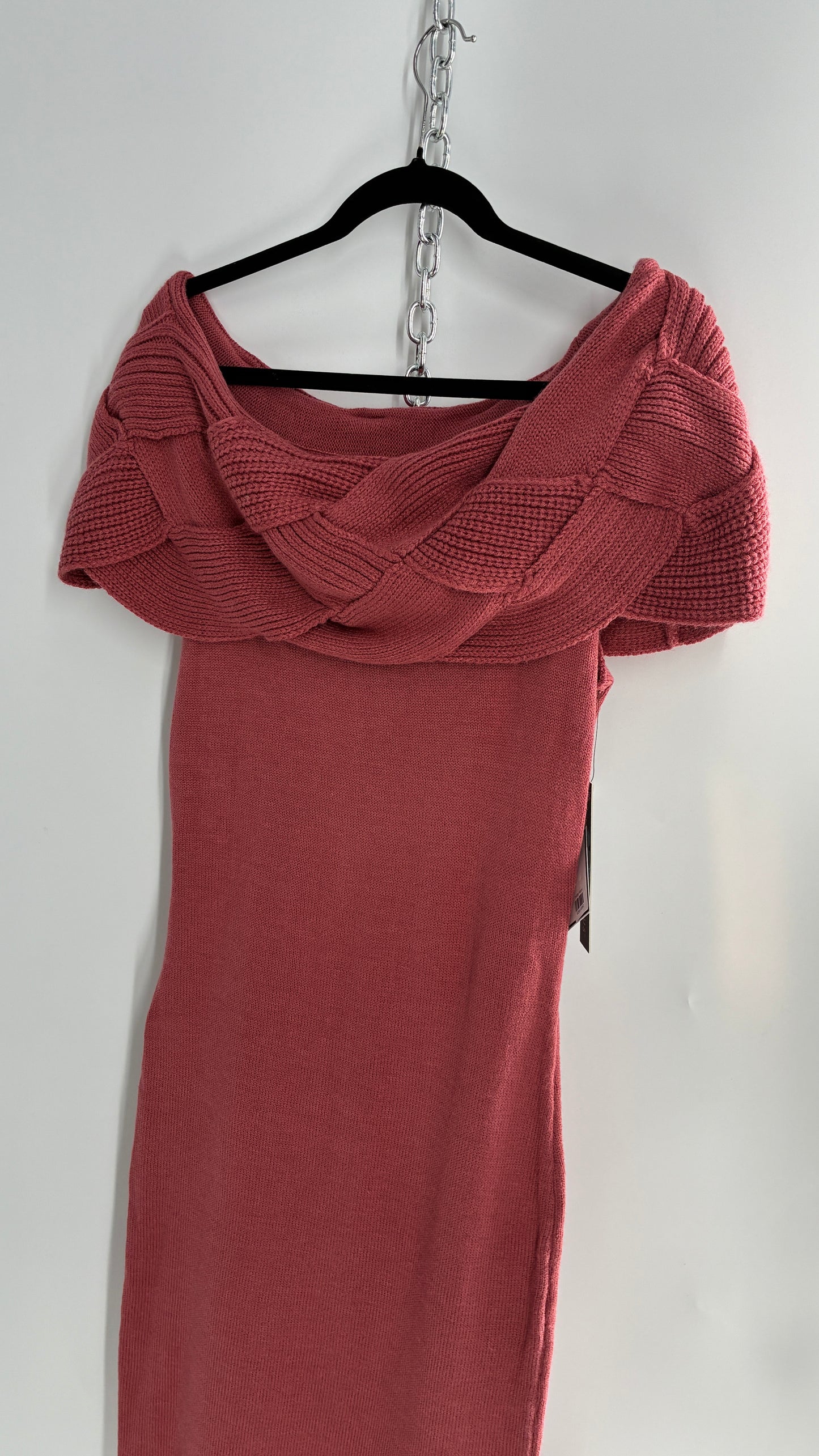 Vintage ALMOST FAMOUS Rosy Mauve Knit Dress with Woven Braided Off the Shoulder Detail and Tags Attached (Large)
