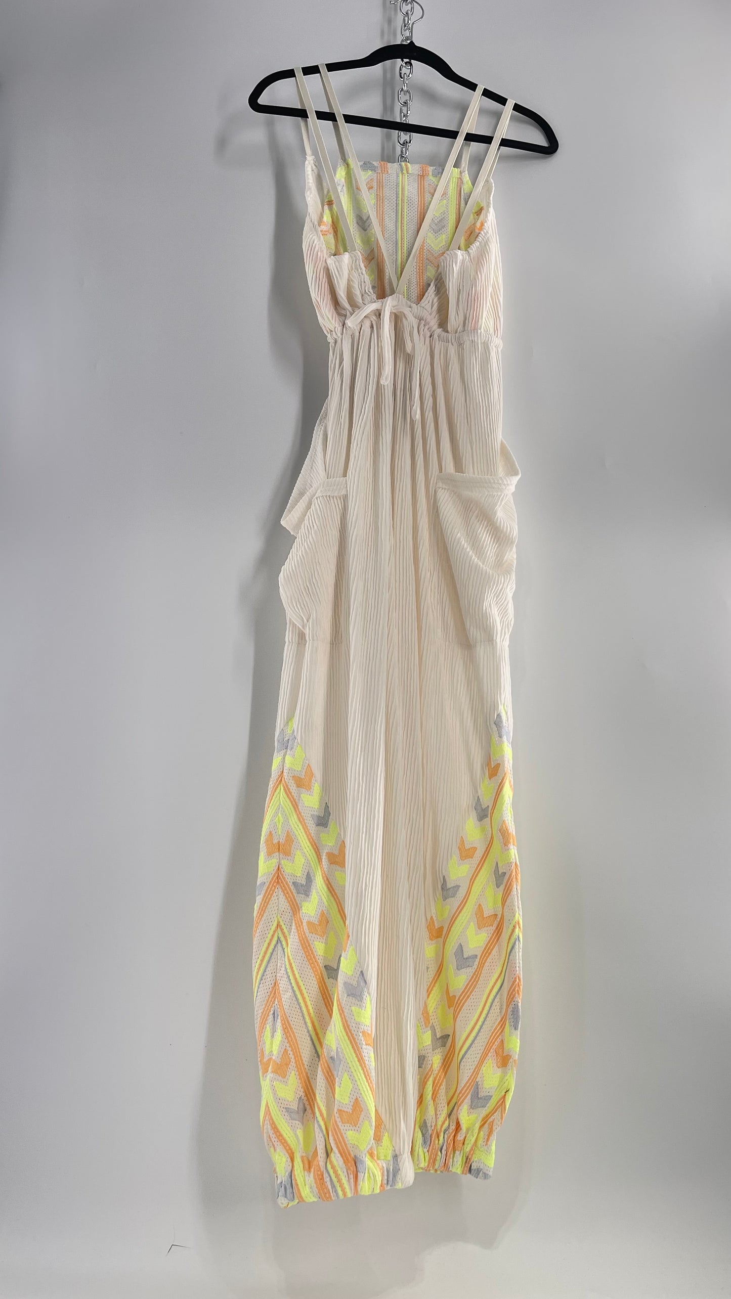 Free People Movement Cream Ribbed Jumpsuit with Yellow/Orange Embroidered Details and Waist Cinching Drawstring (Small)