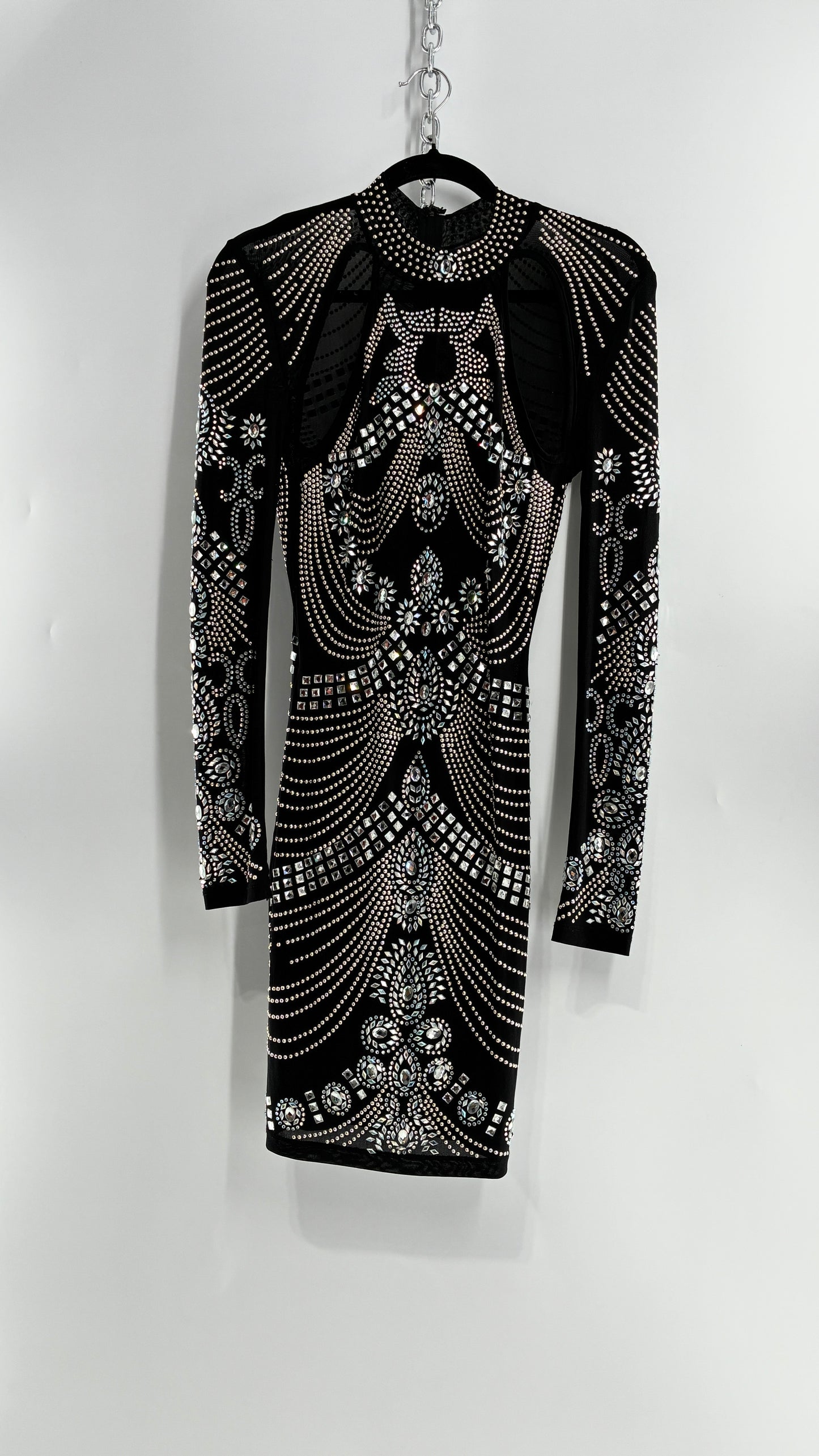 Black Bedazzled Mini Dress with Cut Out Details Covered in Gems (Small)