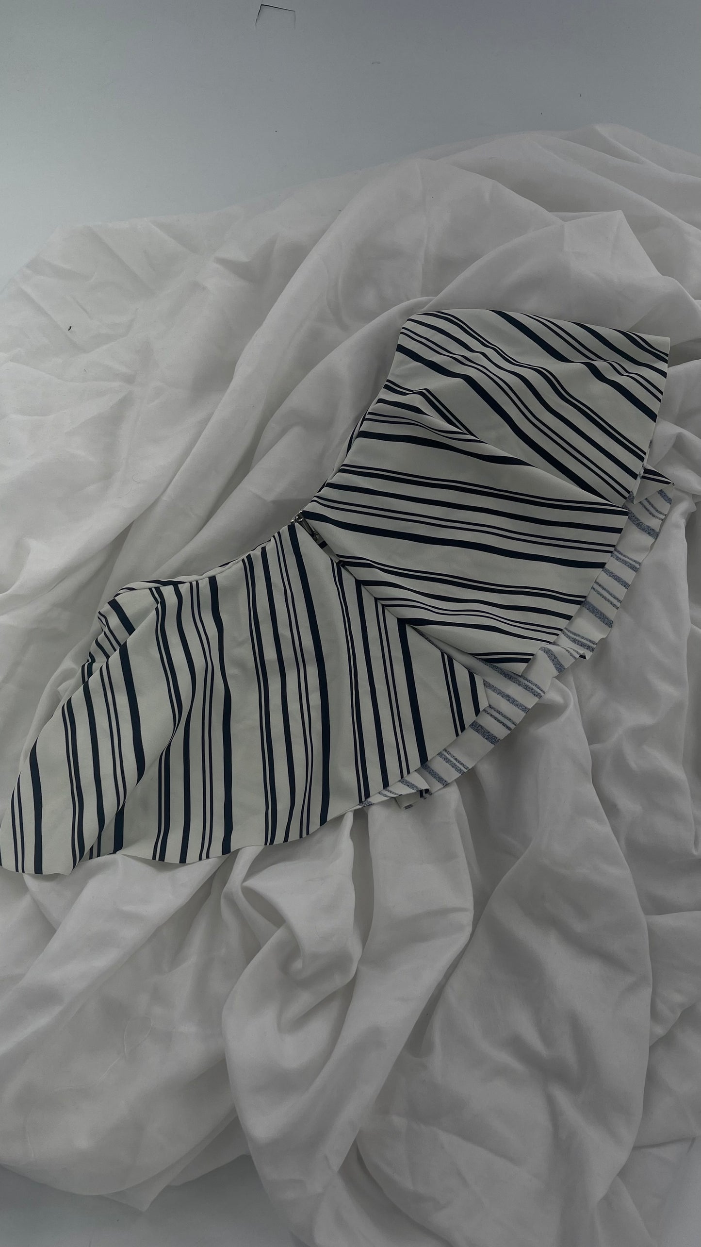 Anthropologie Citrine Made in Bali White/Black Striped Bandeau Swim Top with Ruffle (Small)