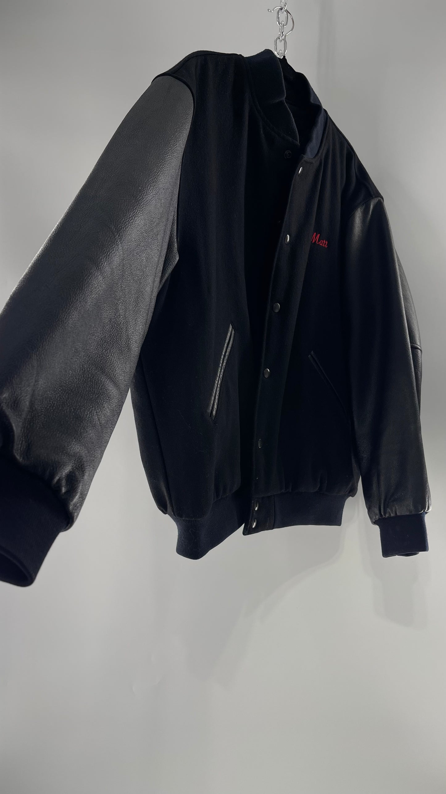 Vintage Somers Football Varsity Jacket with Leather Sleeves “Matt” Embroidery and Red Lettering (XL)