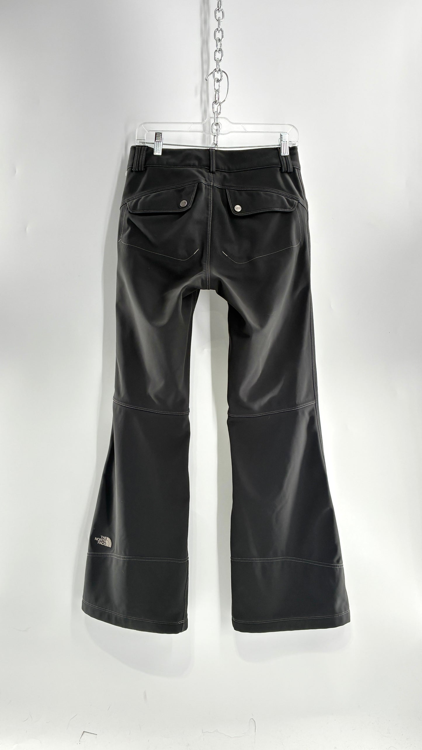 Vintage North Face Dark Gray, Low Rise, Kick Flare Pants with Contrast Stitching, Side Closure and Oversized Bum Pockets (Small)