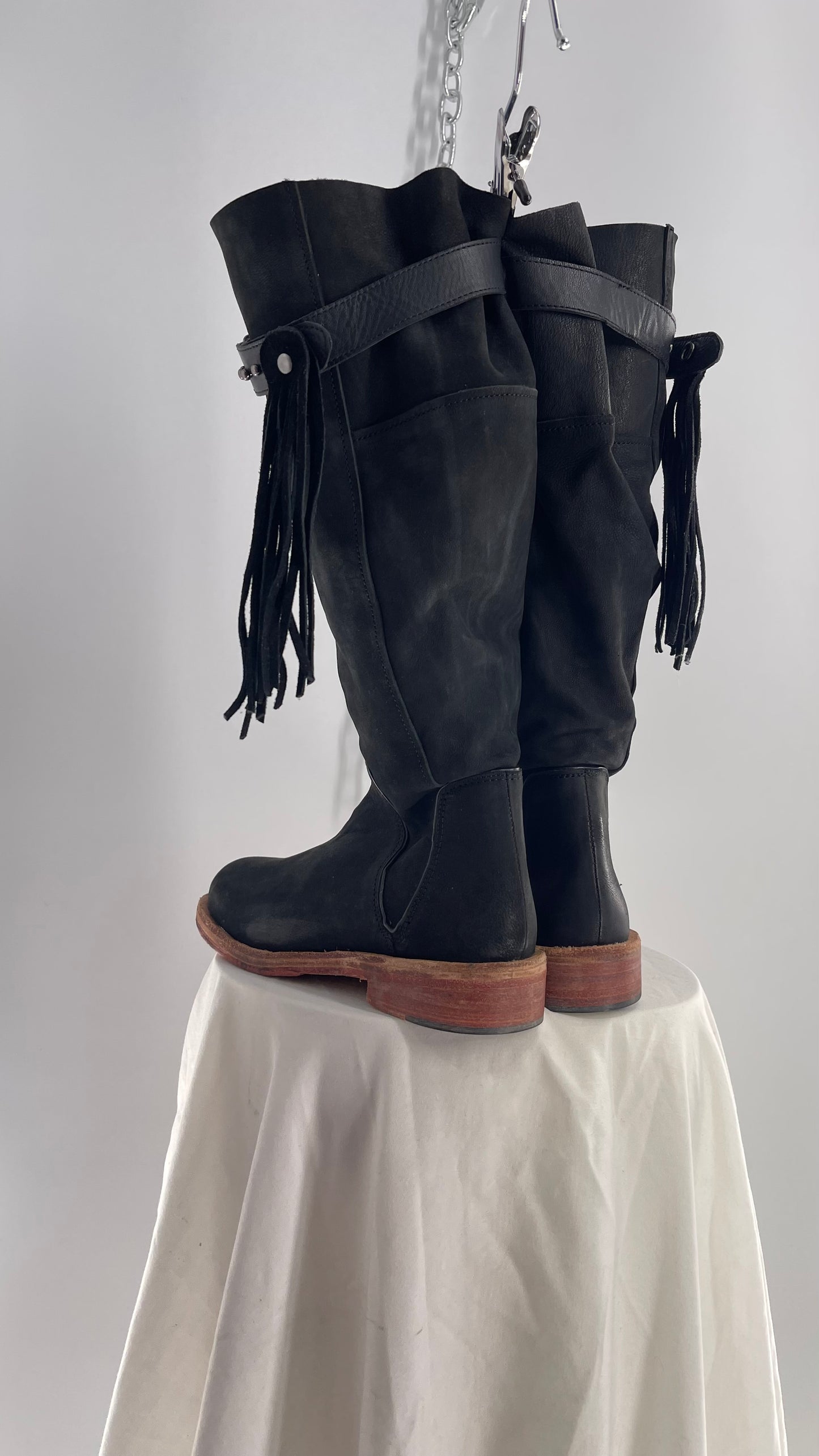 Free People Sayre Banks Slouchy Black Suede Leather Knee High Tassel Side Buckle Boot (38)