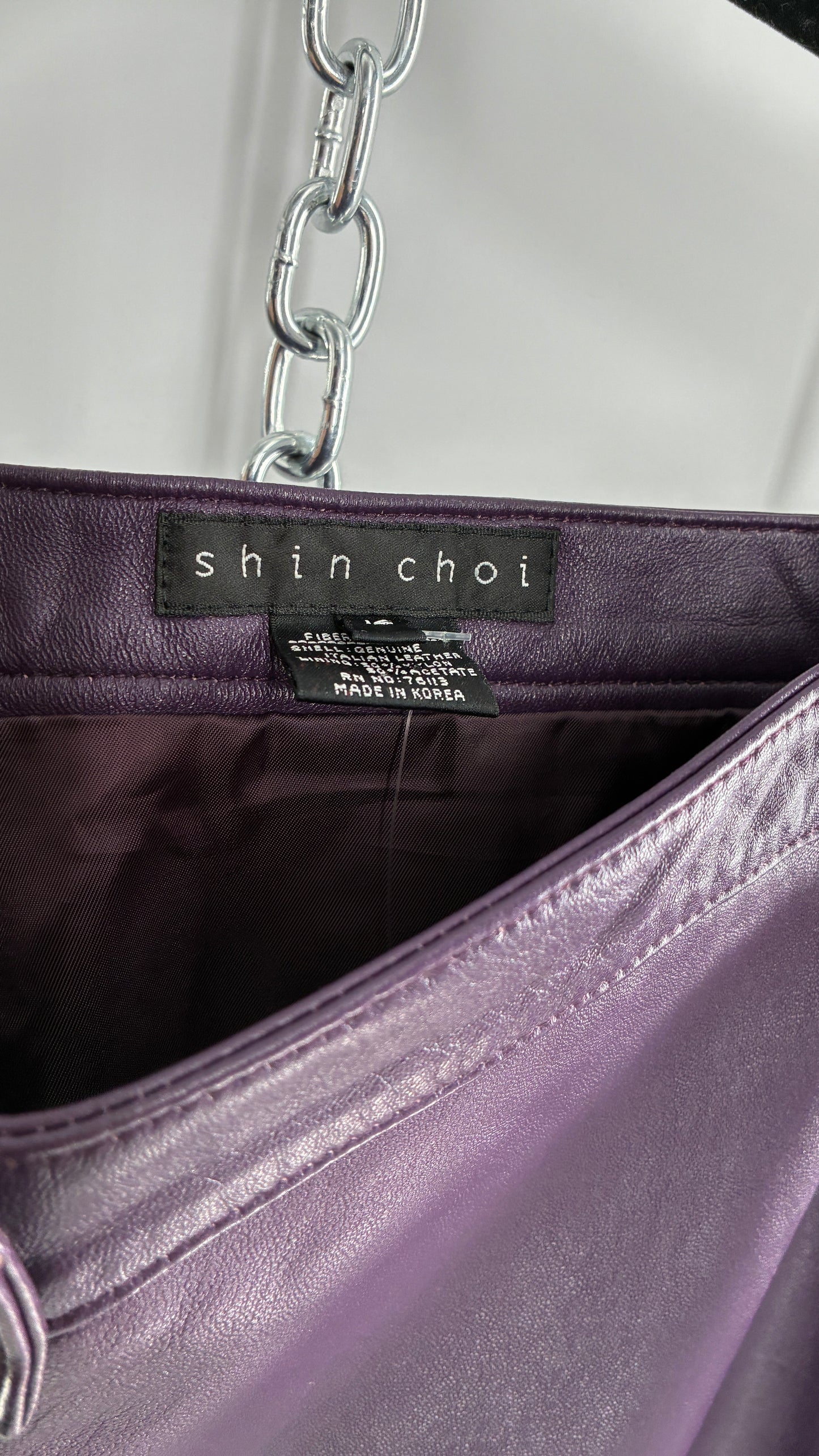 Vintage SHIN CHOI Genuine Italian Leather Purple Side Closure Low Rise Pants (12)