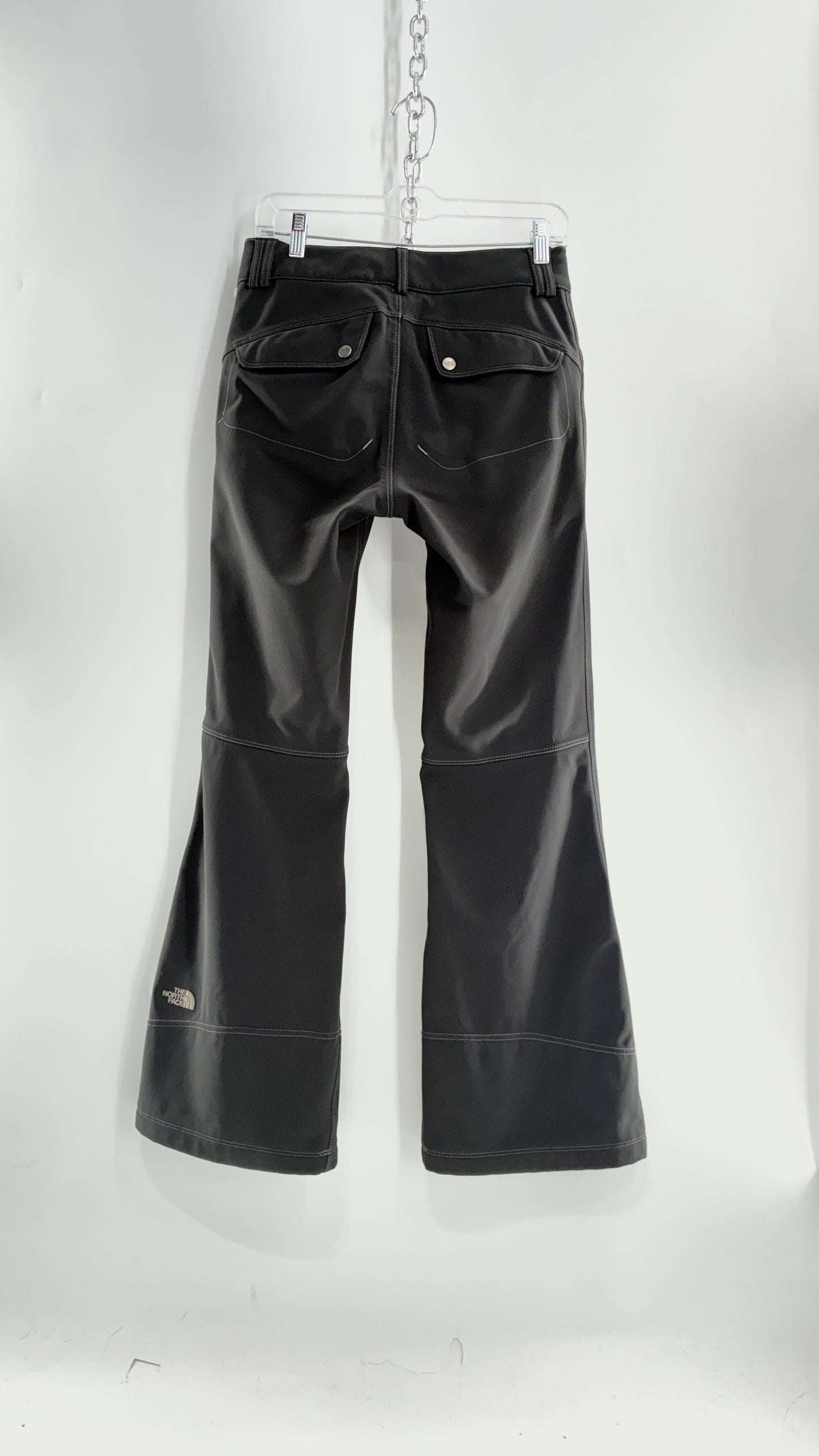 Vintage North Face Dark Gray, Low Rise, Kick Flare Pants with Contrast Stitching, Side Closure and Oversized Bum Pockets (Small)