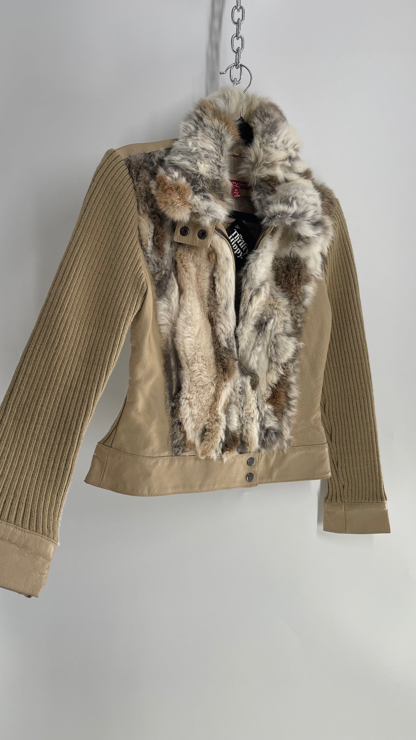 Jennyfer J 1990s Beige Rabbit Fur Sweater Jacket with Ribbed Knit Sleeves (Medium)
