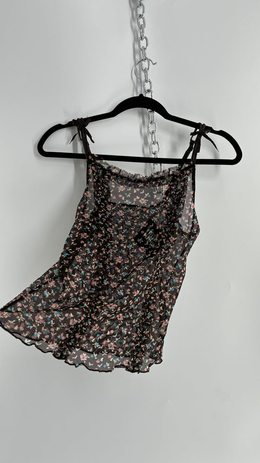 Vintage Donna L’Orèn Gold Label Dark Brown Floral Mesh Camisole (Large)
