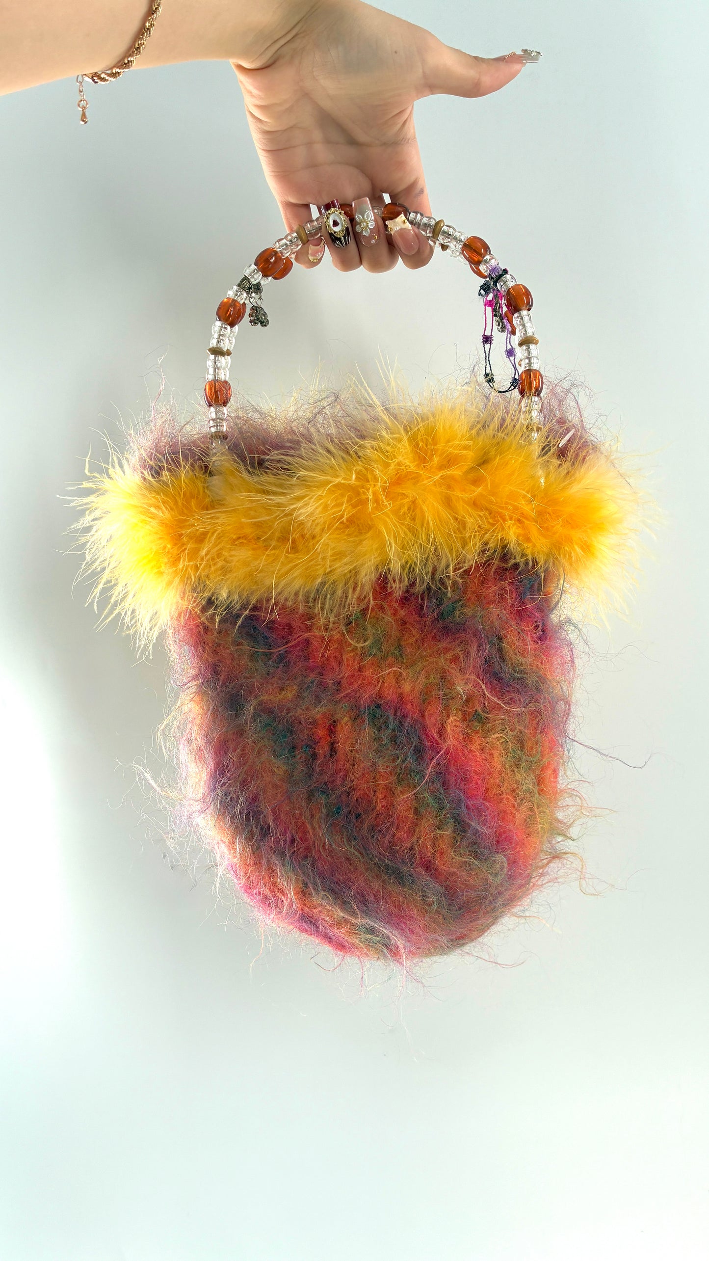 Deadstock Vintage Handmade Handwoven Bag with Beaded Handle, Metal Charms and Yarn Rosette