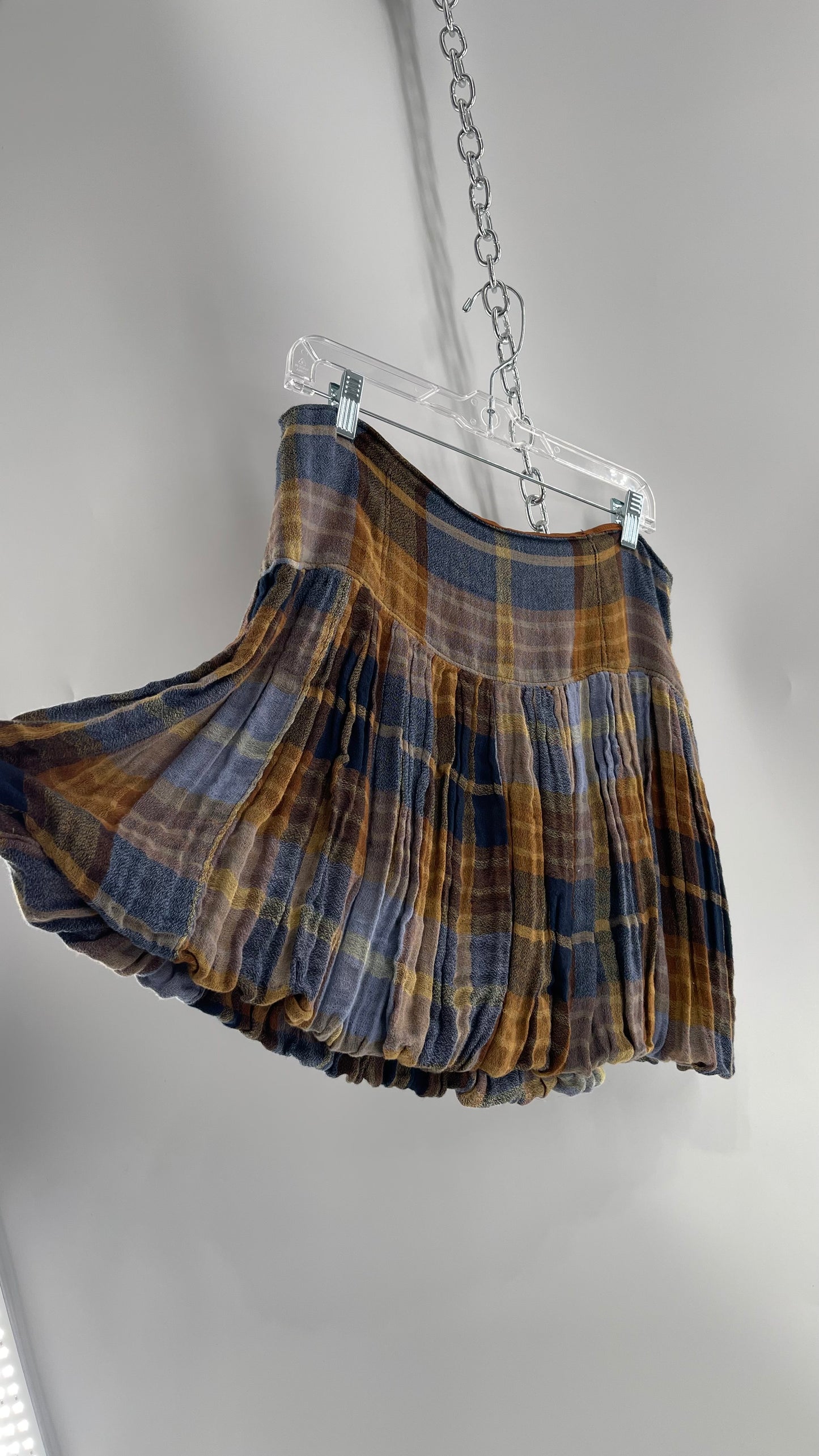 Free People Plaid Blue Brown Mini Skirt with Balloon Hem with Tags Attached (12)