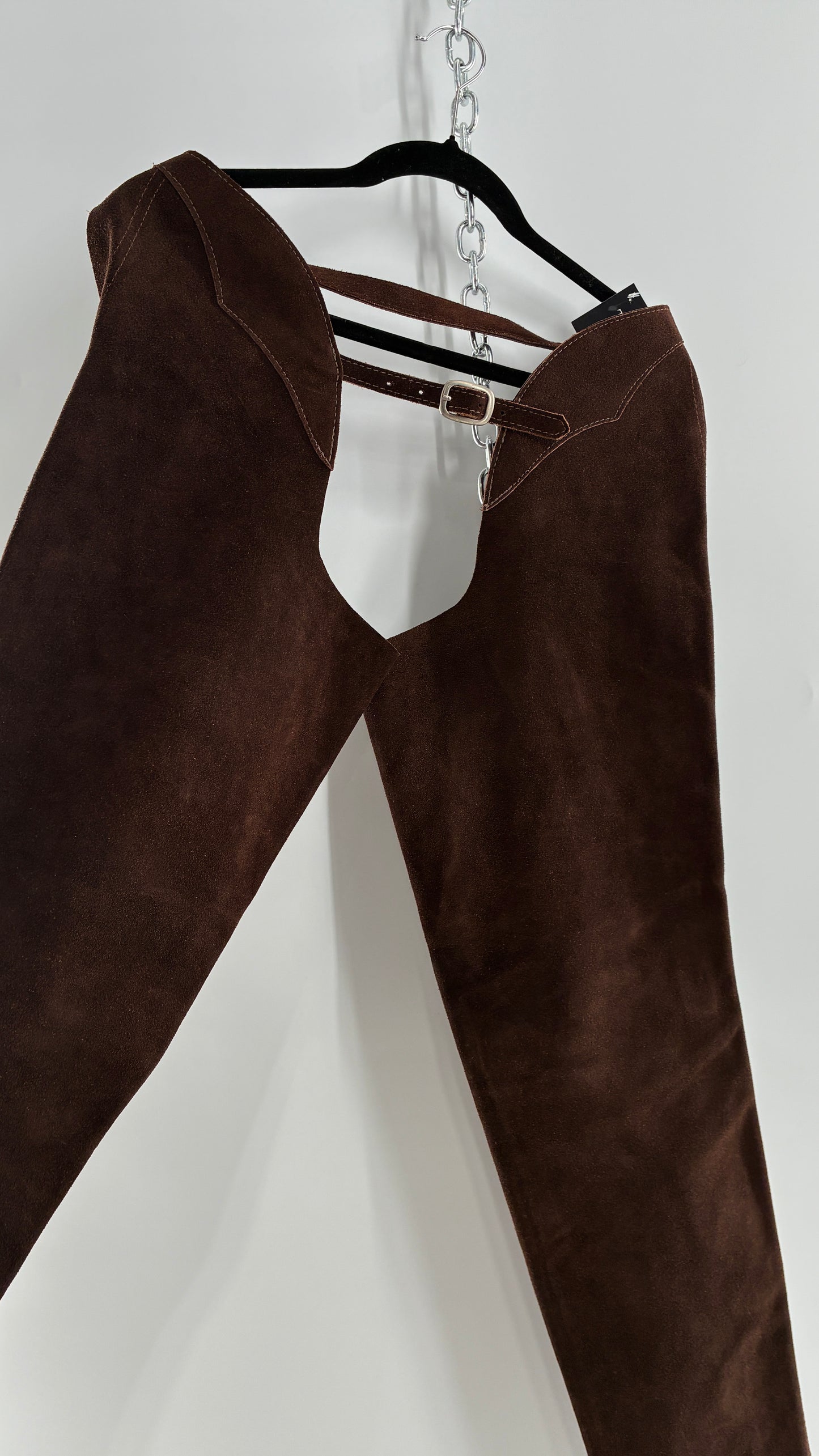 Vintage Chocolate Brown Genuine Suede Leather Chaps with Heavy Duty Side Zipper Detail (XS)