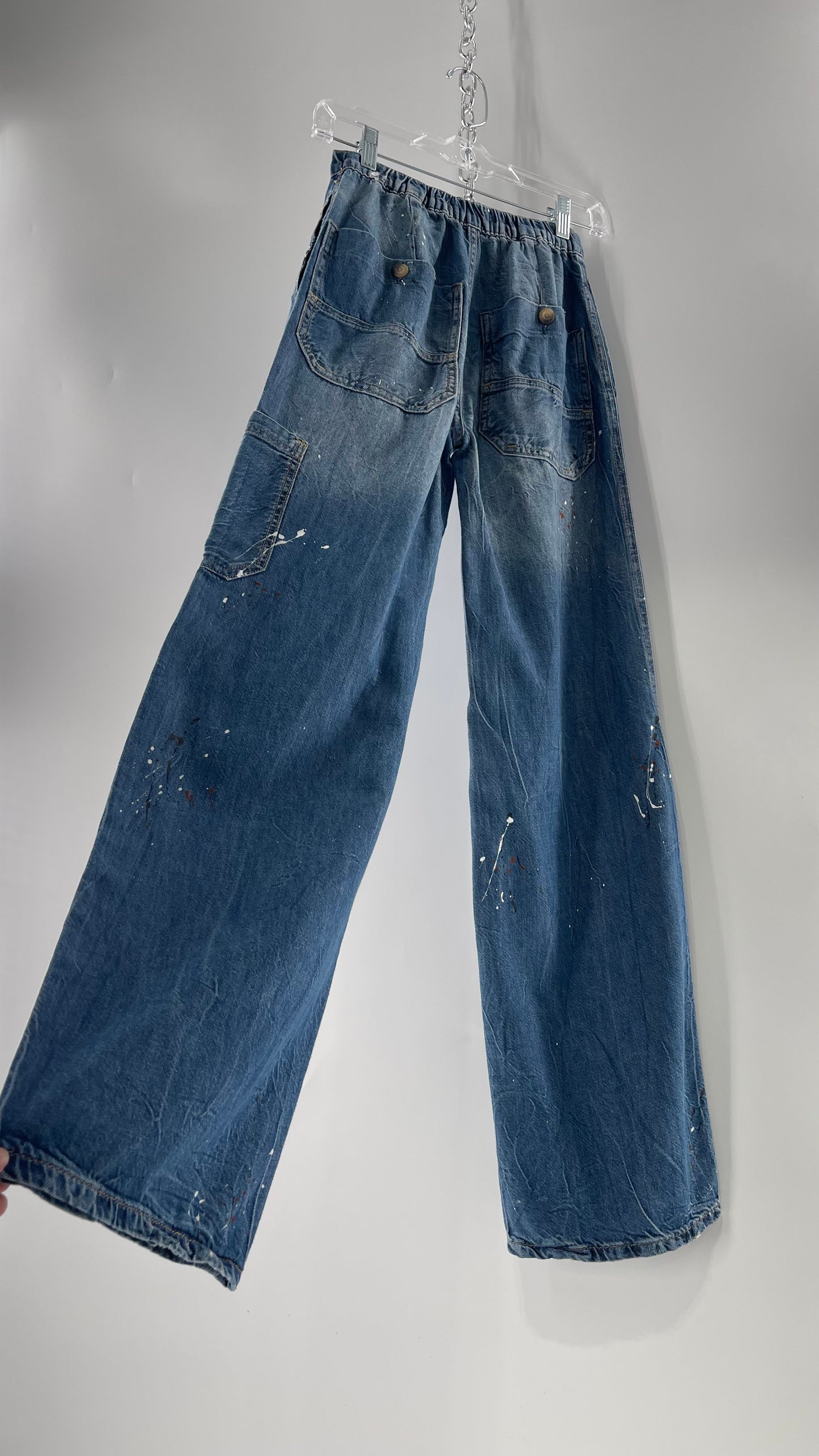 Free People Paint Splash Cargo/Carpenter Starving Artist Slouchy Medium Wash Jeans (24)