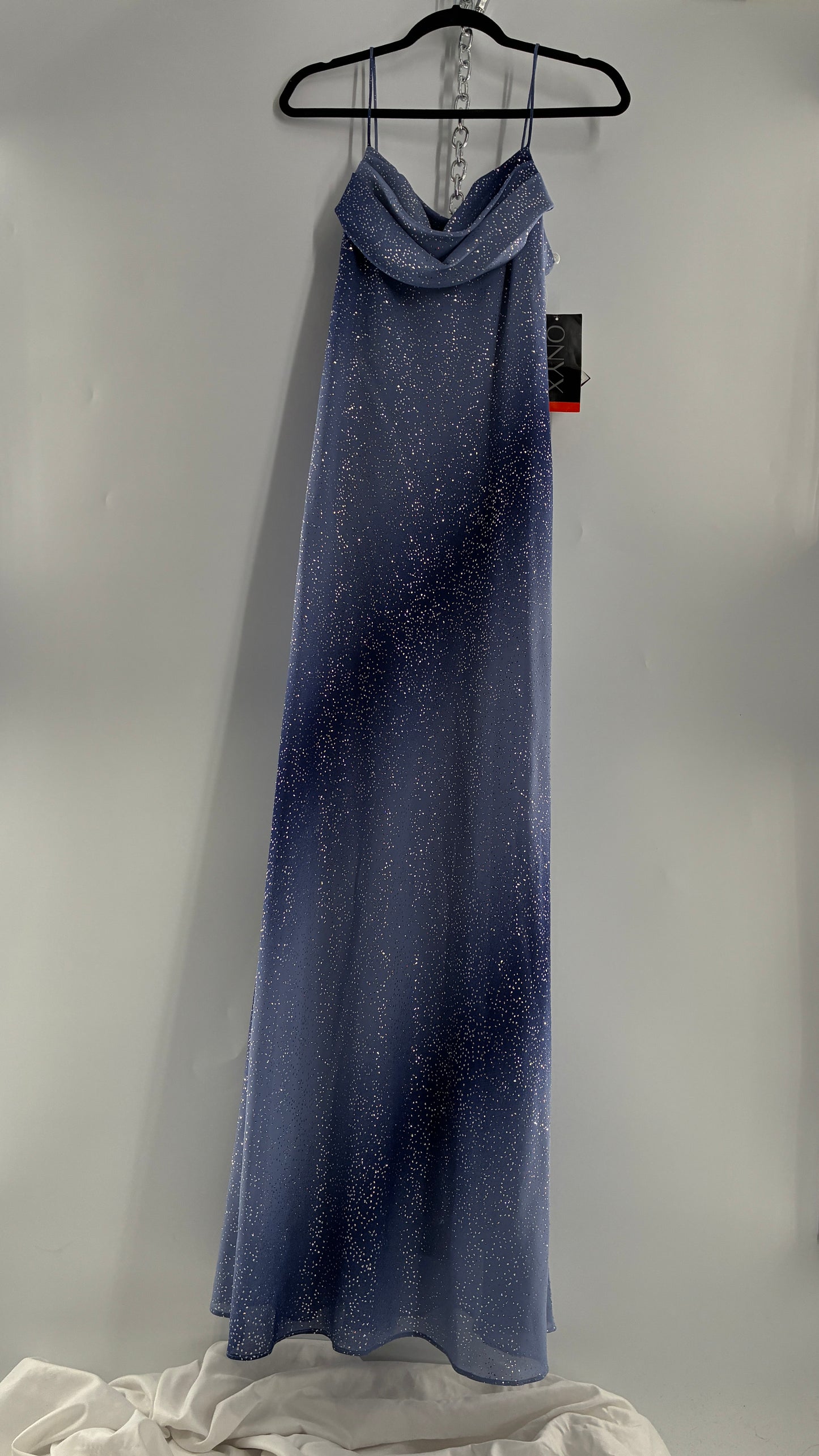 Deadstock Vintage ONYX Blue Iridescent Glitter Sparkle Draped Bust Gown (14)
