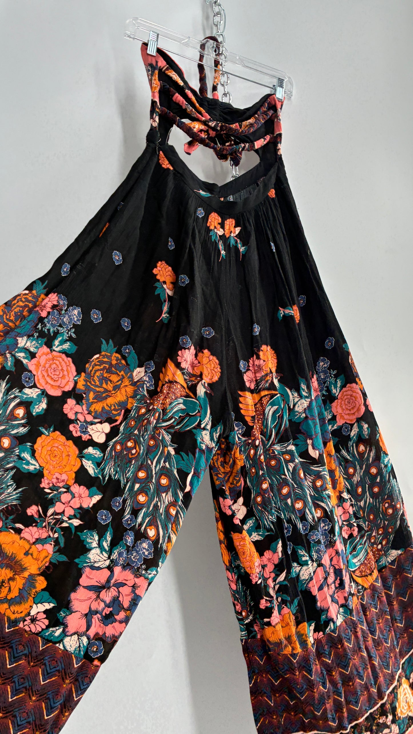 Free People Wide Leg Black Jumpsuit with Contrast Florals (Small)