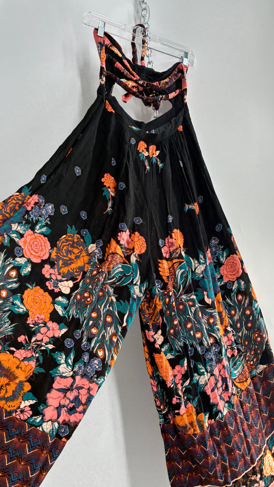 Free People Wide Leg Black Jumpsuit with Contrast Florals (Small)