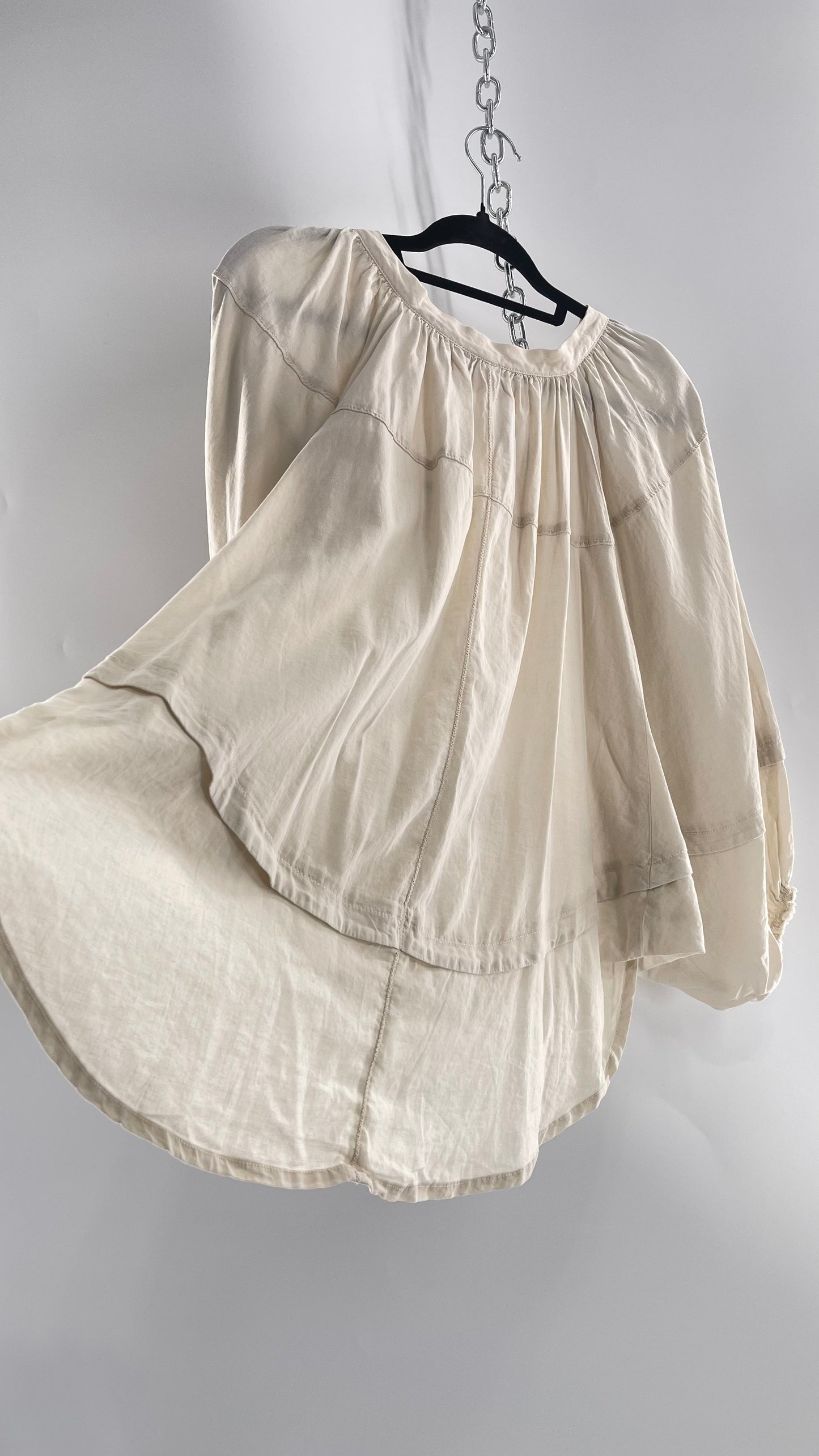 Free People Beige Off White Billow/ Prairie Sleeve Cape Blouse (Small)