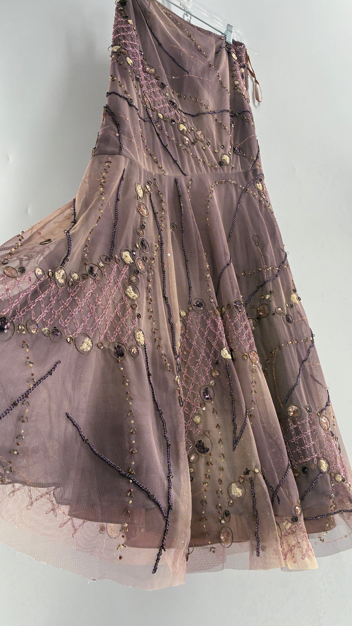 Vintage ALBERTO MAKALI Completely Embroidered and Beaded Maxi Asymmetric Dusty Purple Skirt (4)