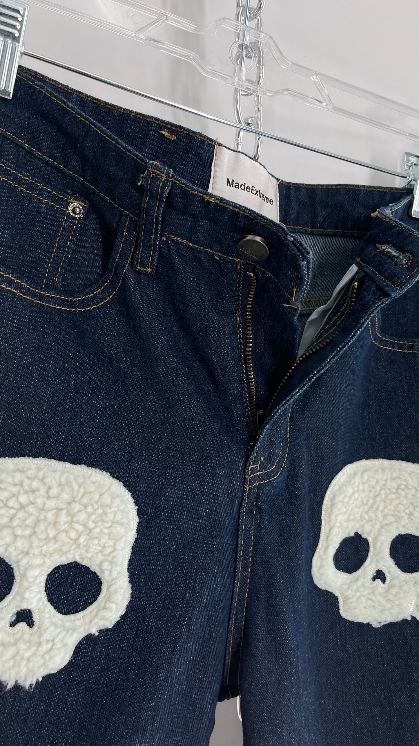 MadeExtreme Dark Wash Denim with Skull/Heart Patches and Bum Embroidery (Medium 8)