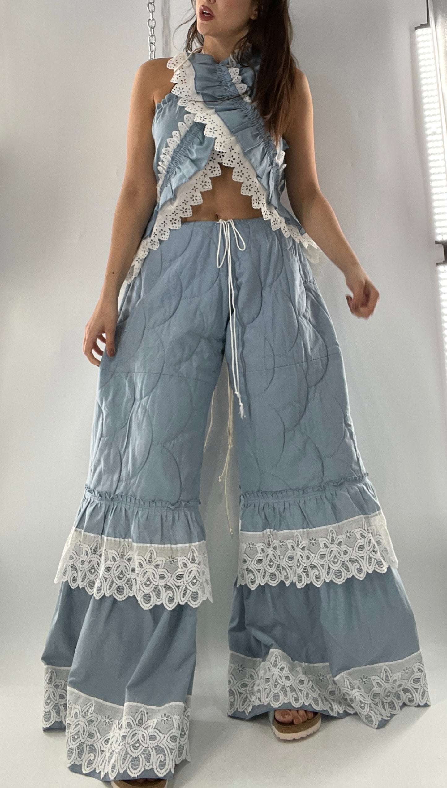 Vintage 2 Piece Powder Blue Set Featuring 2Way Blouse and Quilted Trousers Covered in Ruffles, Lace and Trim (One Size)