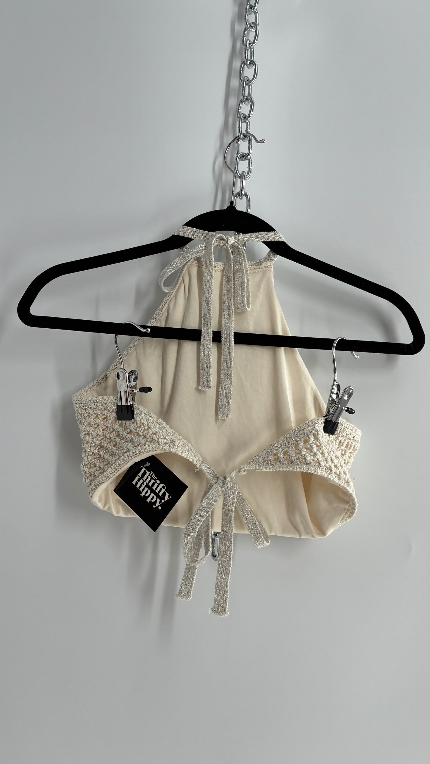 GARAGE Off White Crochet Backless Halter with Silver Tinsel (Small)