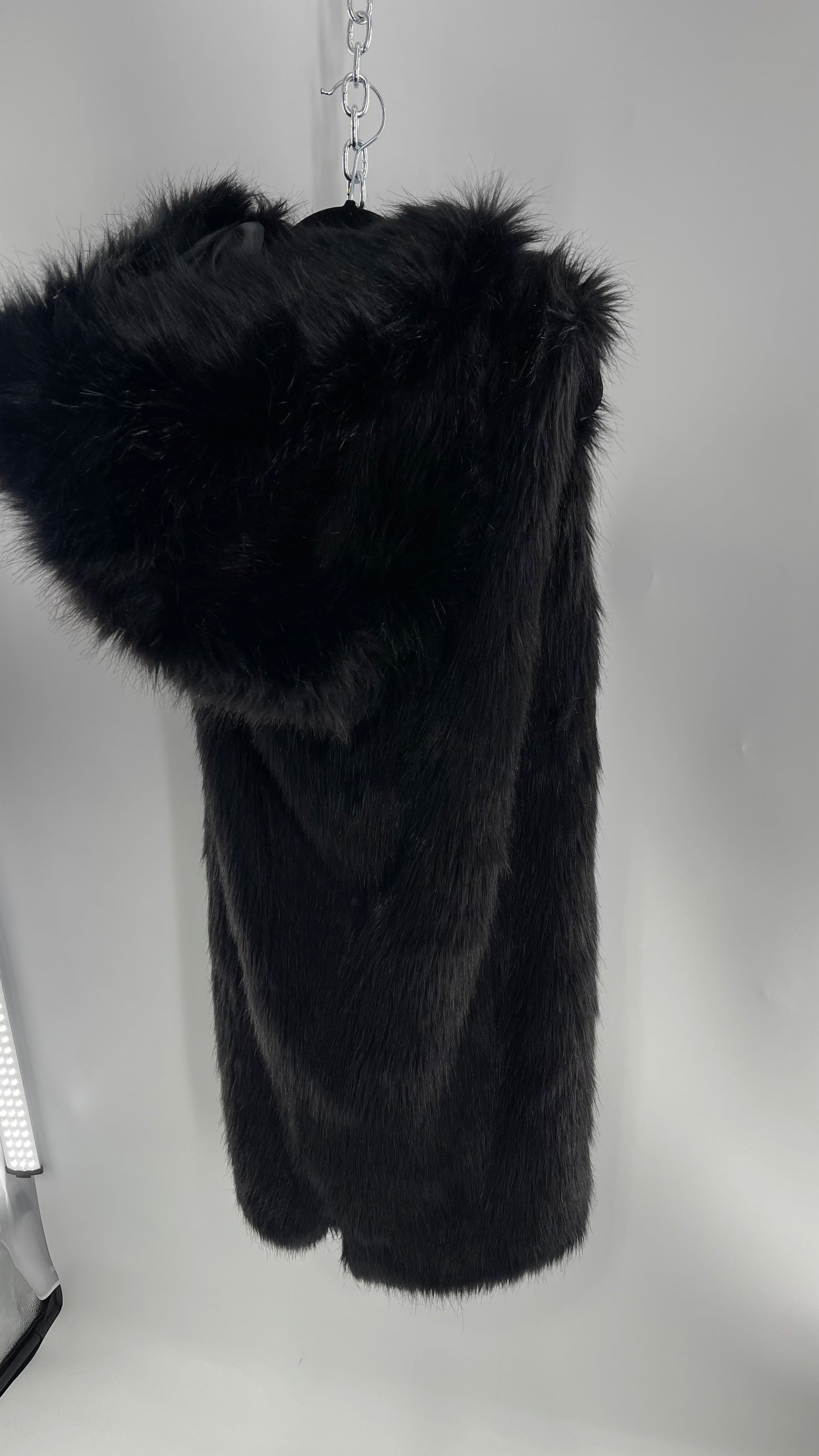 Full Length Black Fuzzy Sleeveless Vest with Oversized Hood (Medium)