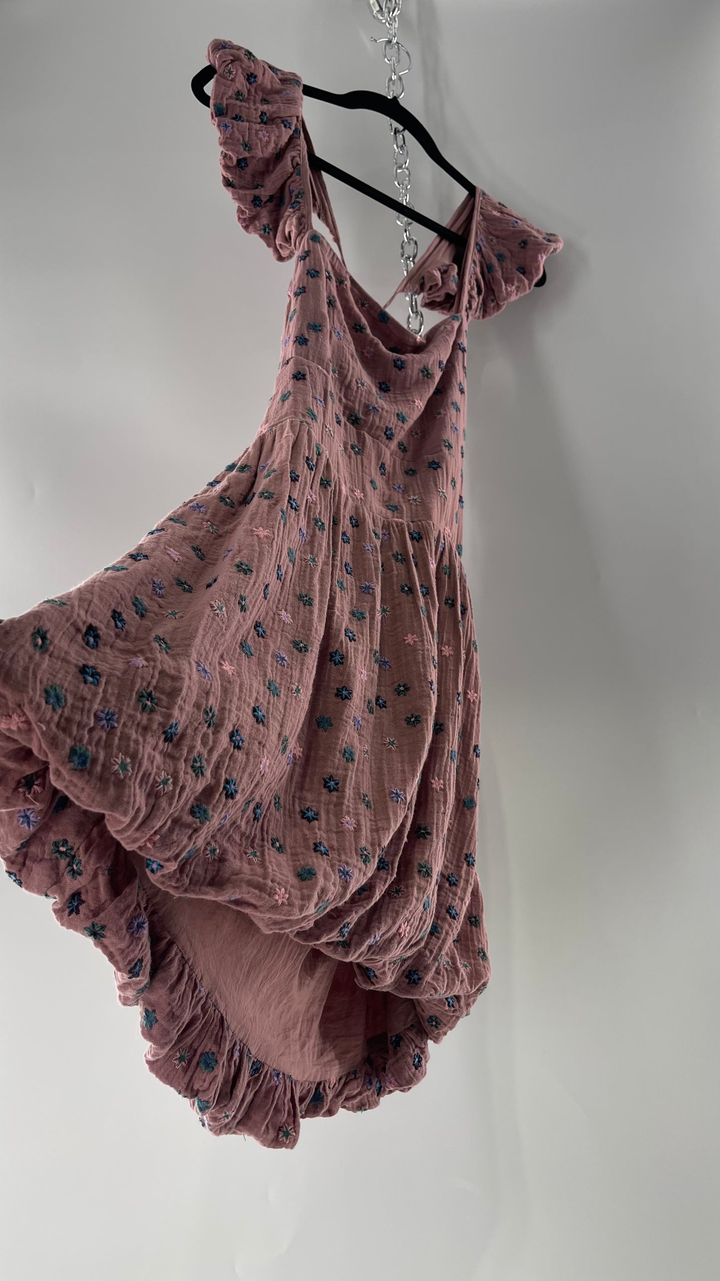Free People Dusty Pink Embroidered Flowers Backless Mini Dress (Small)