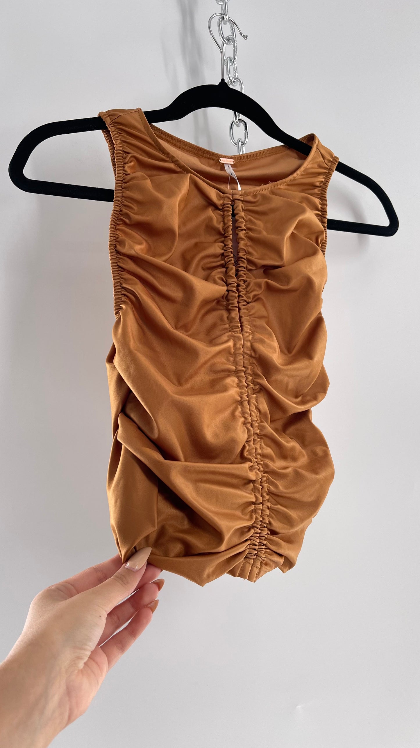 Free People Faux Leather Cognac Ruched High Neck Tank with Bust Cut Out (S)