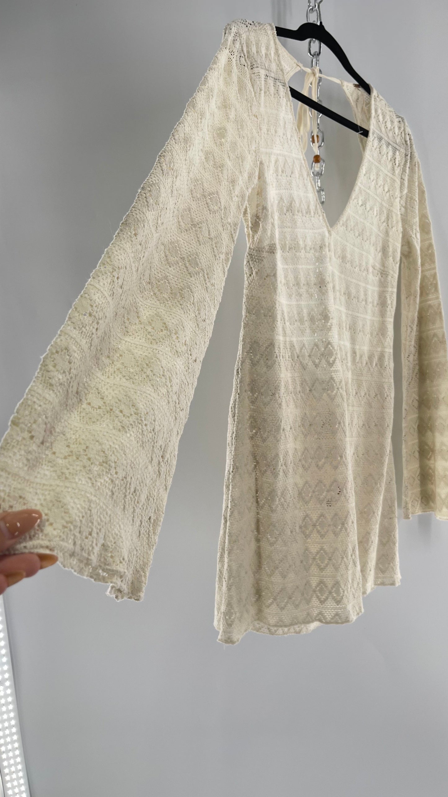 Free People Gauze Lace Open Back Mini Dress with Bell Sleeves (S)