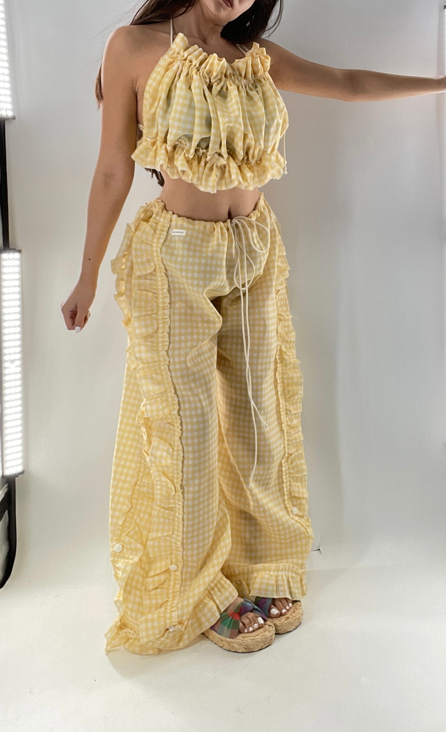 Vintage 2 Piece Yellow Checkered/Gingham Patterned Picnic Set with Ruched Bust Top and Ruffle Side Wide Legs with Adjustable Length, Strap Up Buttons on Hem (One Size)